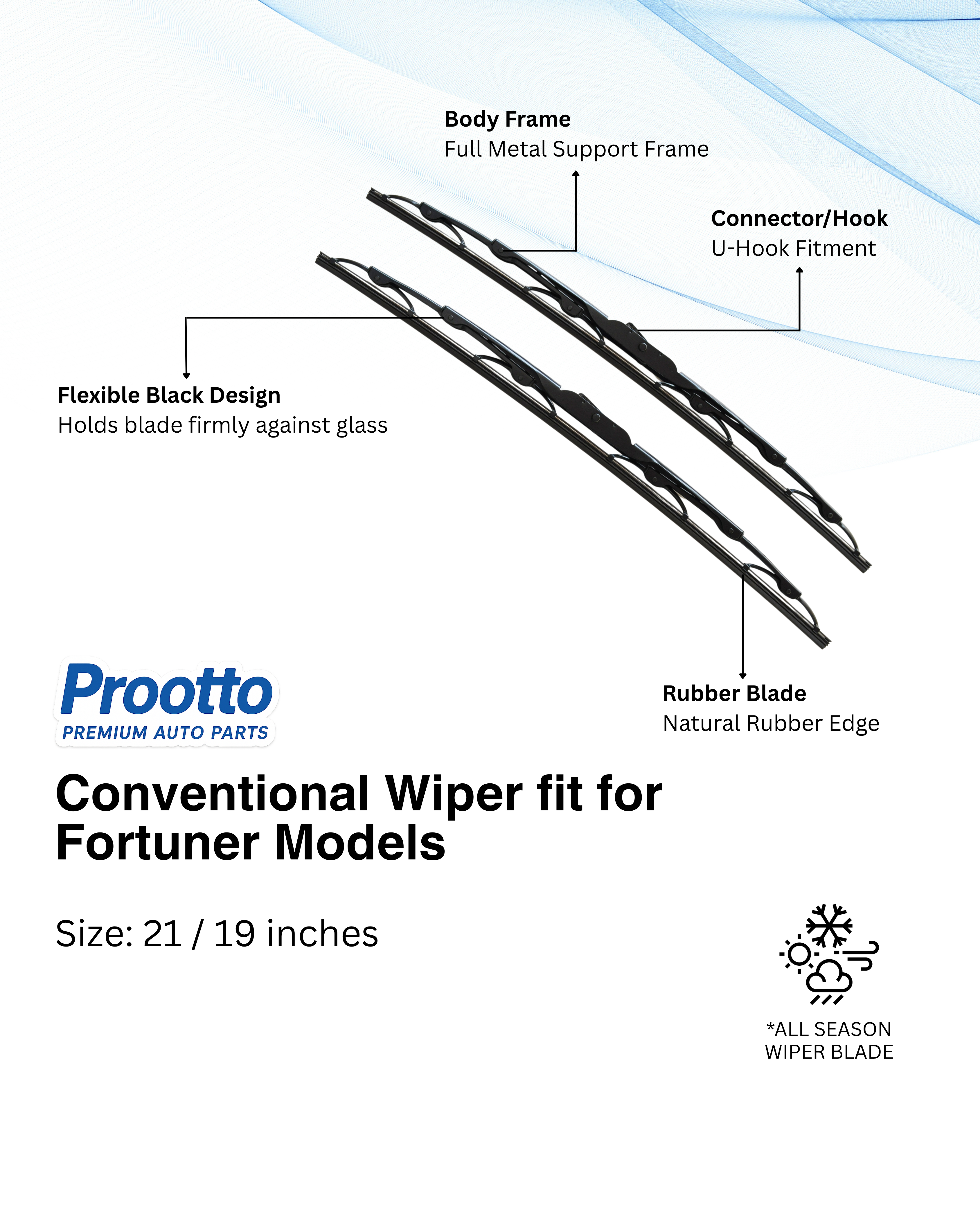 Prootto Wiper Blades for Toyota Fortuner Wiper Blades - Hybrid, Frameless and Conventional