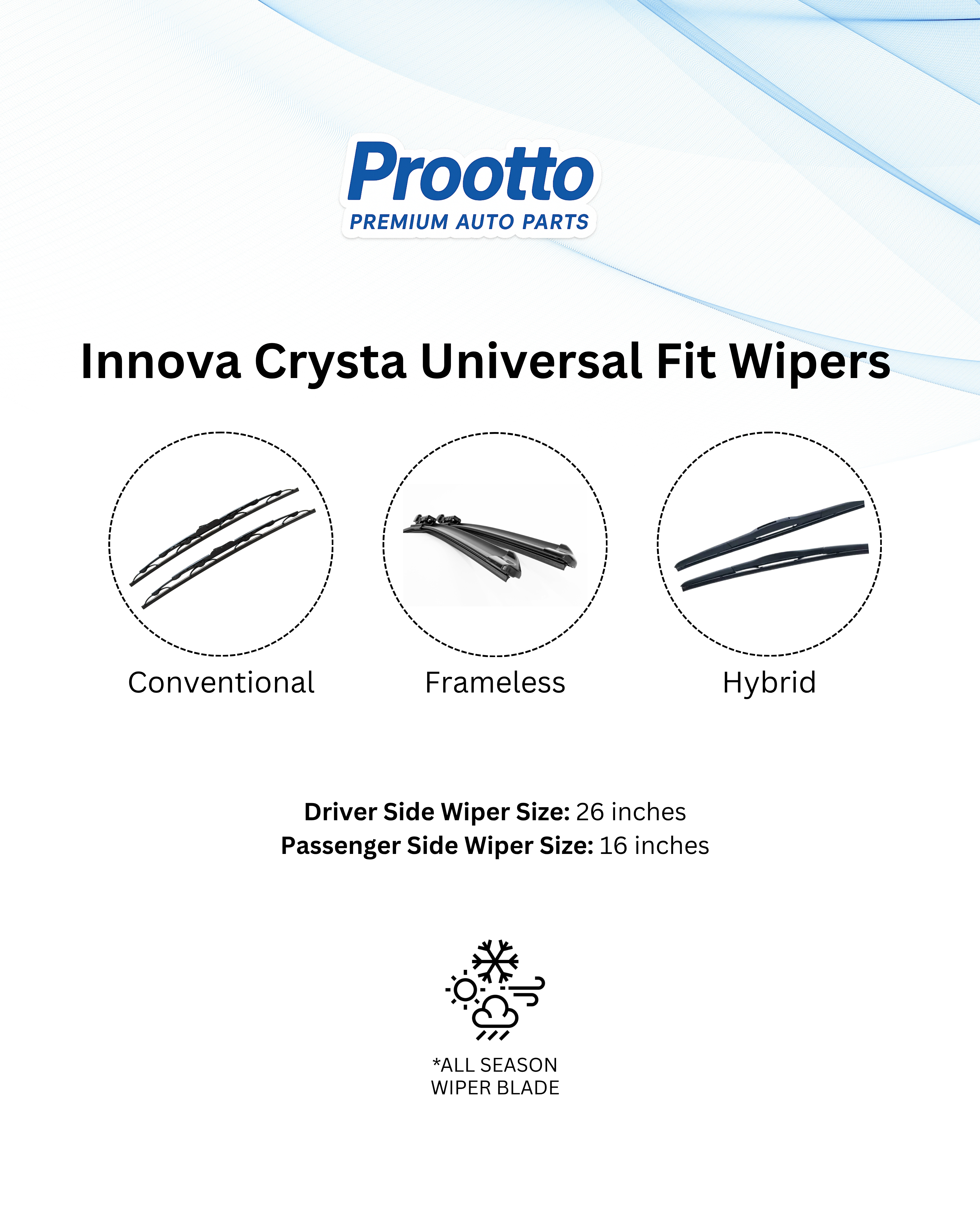 Prootto Wiper Blades for Toyota Innova Windshield Wipers for SUV - Hybrid, Frameless and Conventional