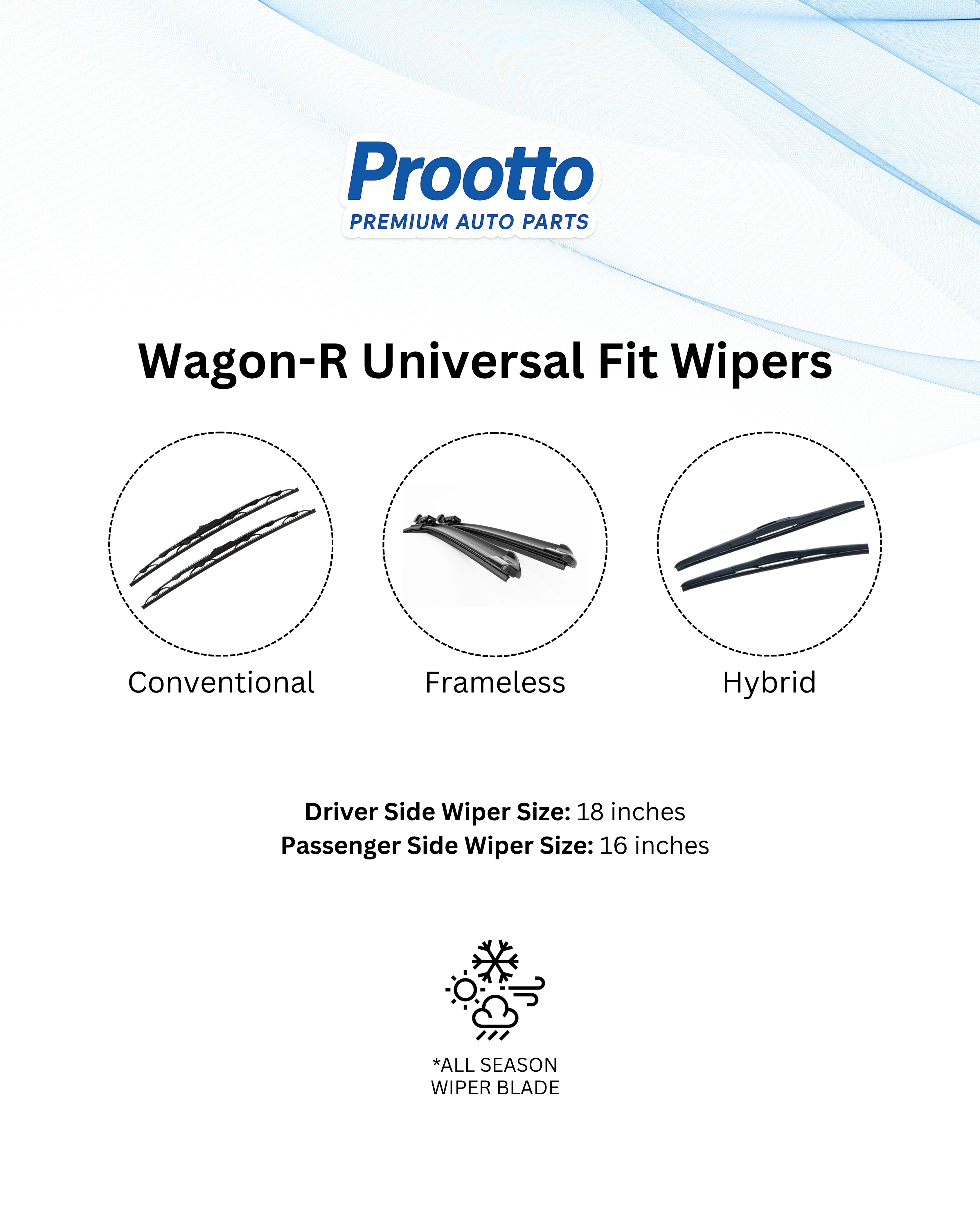 Prootto Wiper Blades for Maruti Wagon R and New– Hybrid, Frameless & Conventional