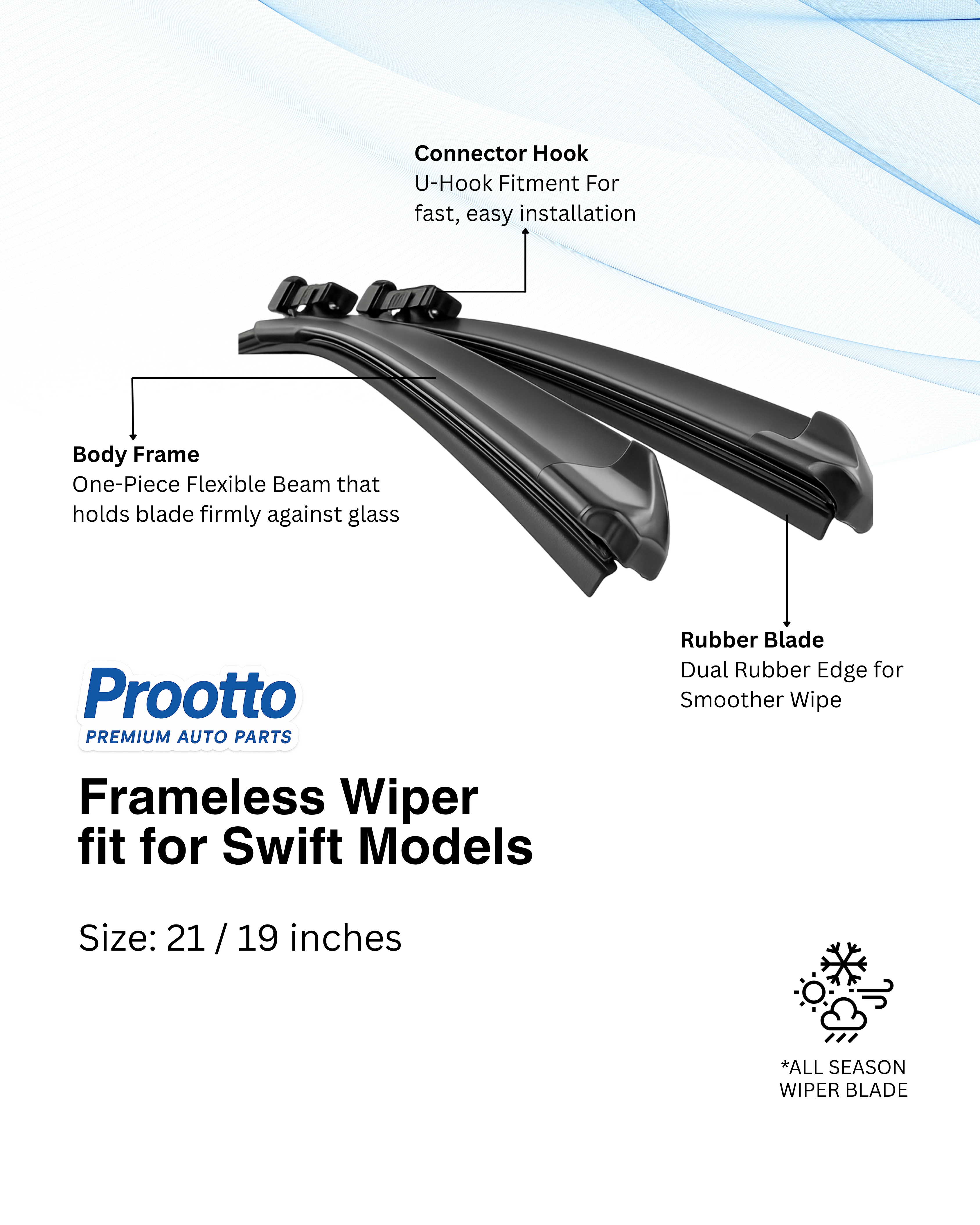 Prootto Wiper Blades for Maruti Swift – Hybrid, Frameless & Conventional