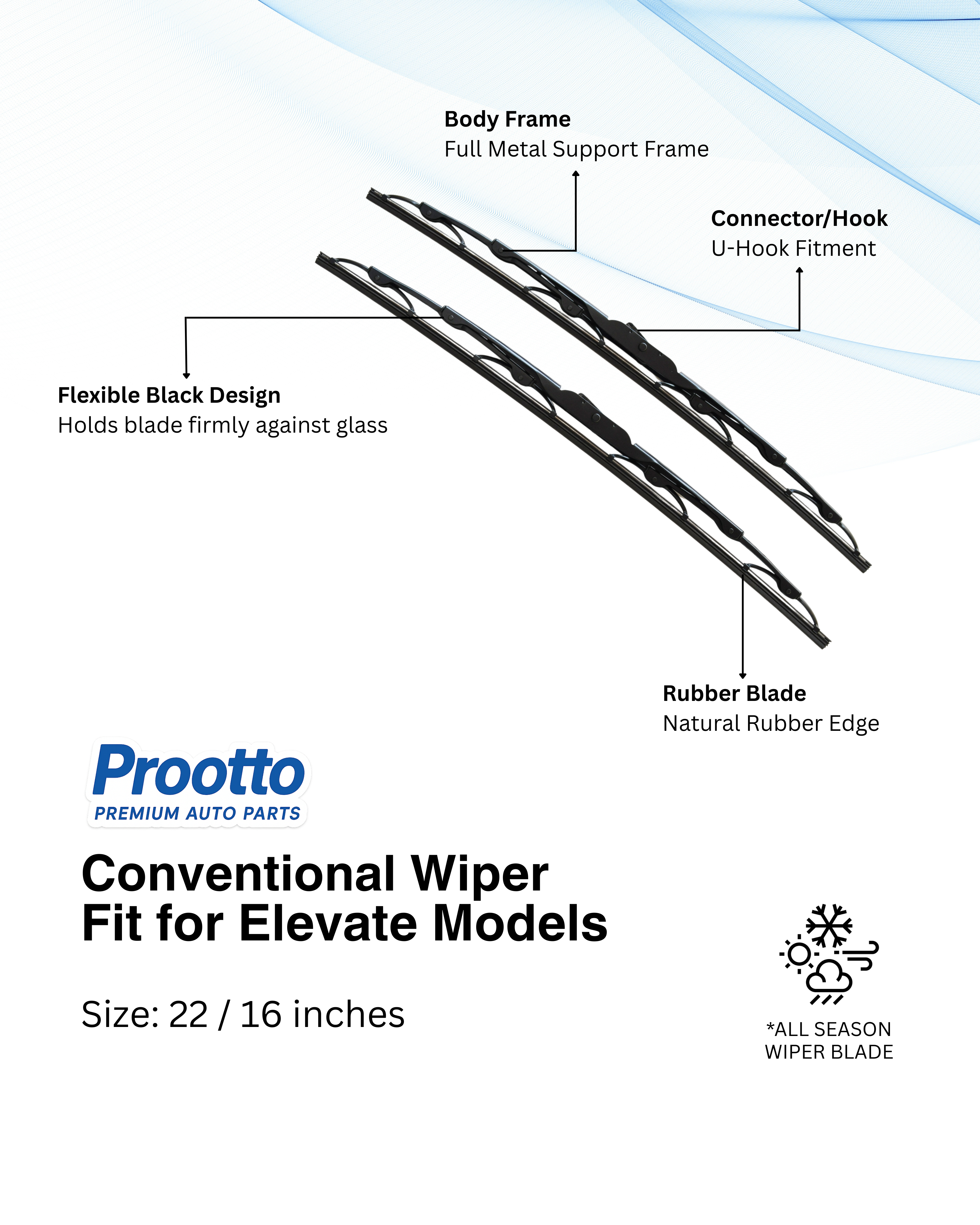 Prootto Wiper Blades for Honda Elevate (All Models) | 22” + 16” | Conventional, Hybrid & Frameless | U-Hook Compatible
