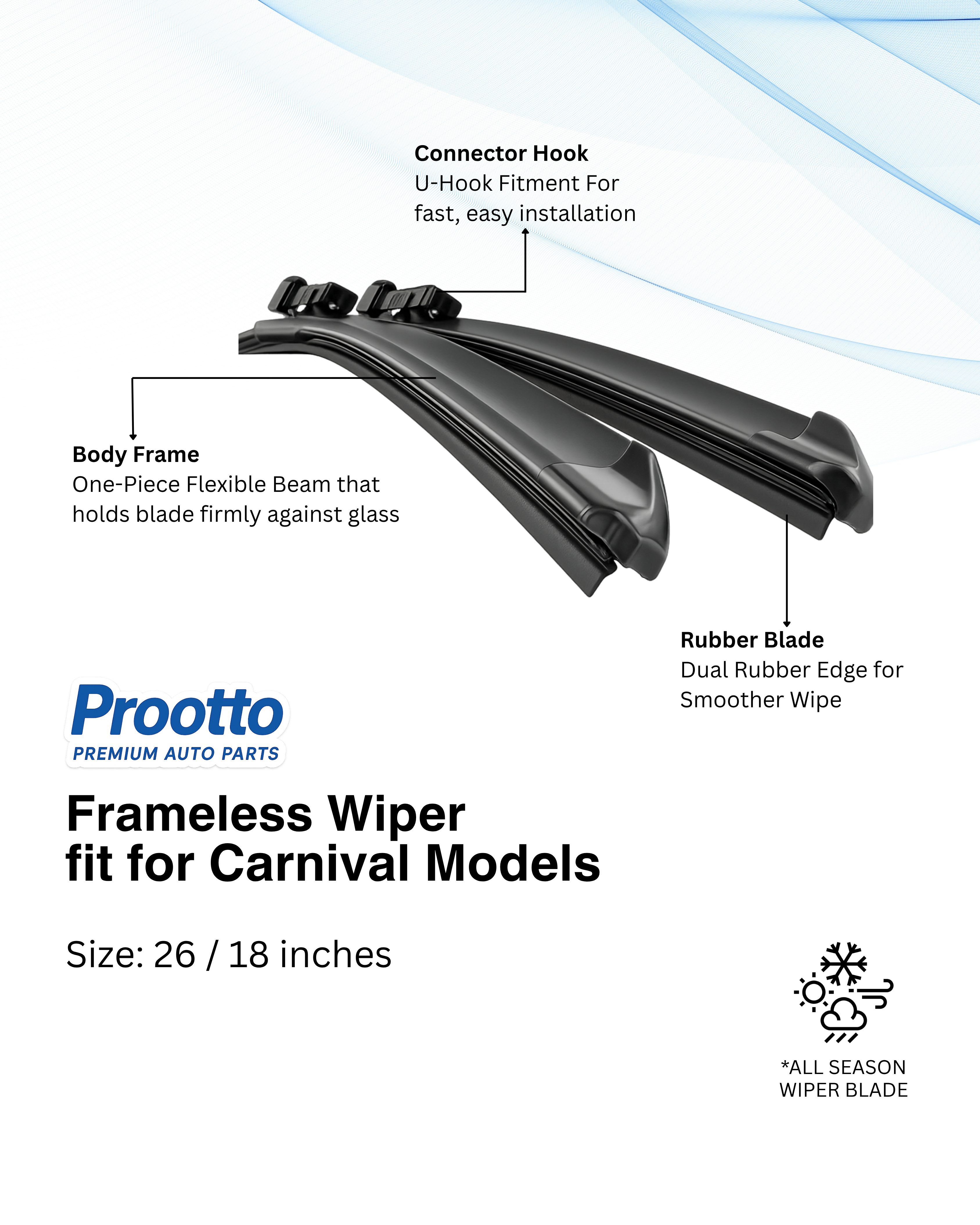 Prootto Wiper Blades for Kia Carnival Wiper Blades (2020-Present) - Hybrid, Frameless & Conventional