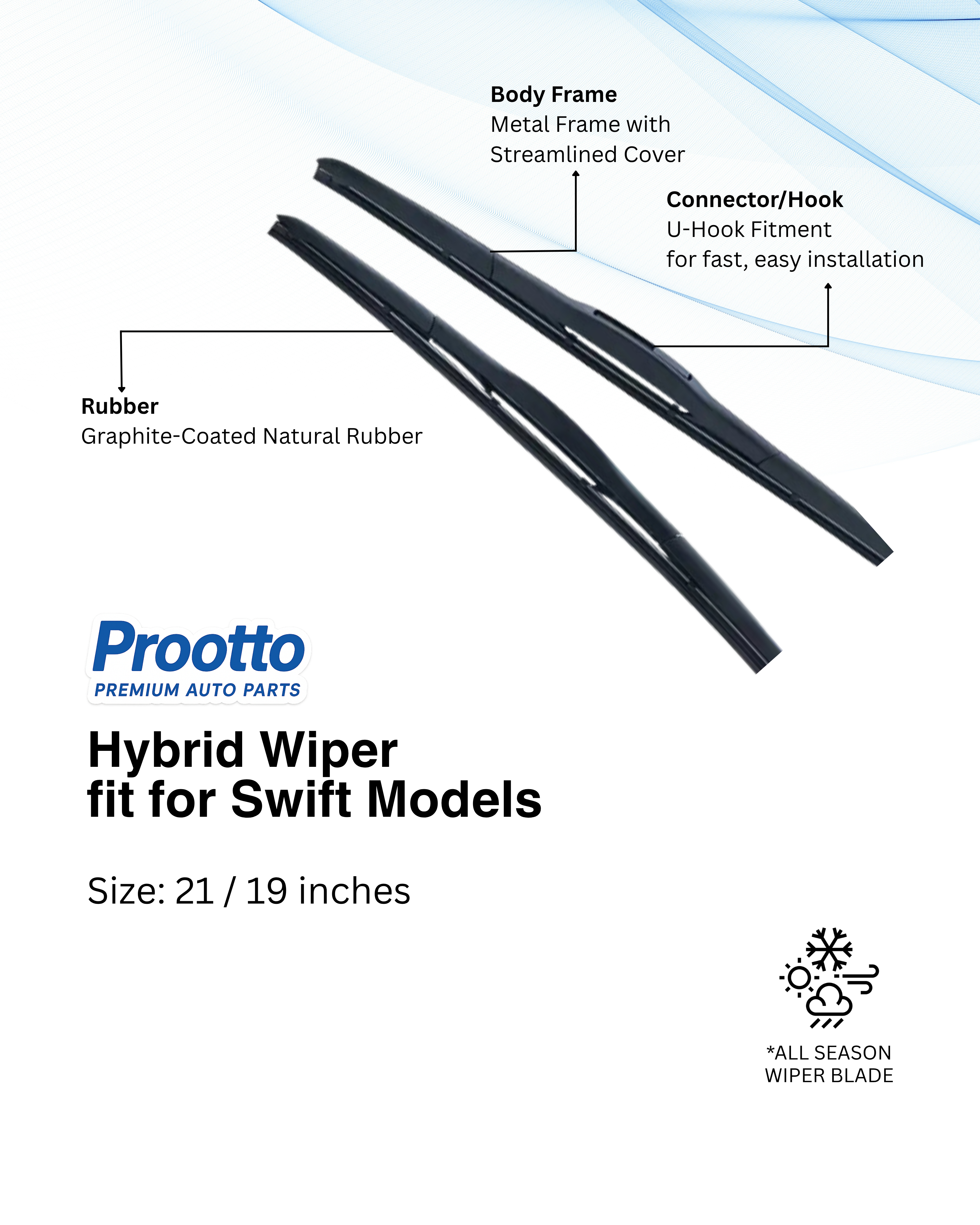 Prootto Wiper Blades for Maruti Swift – Hybrid, Frameless & Conventional