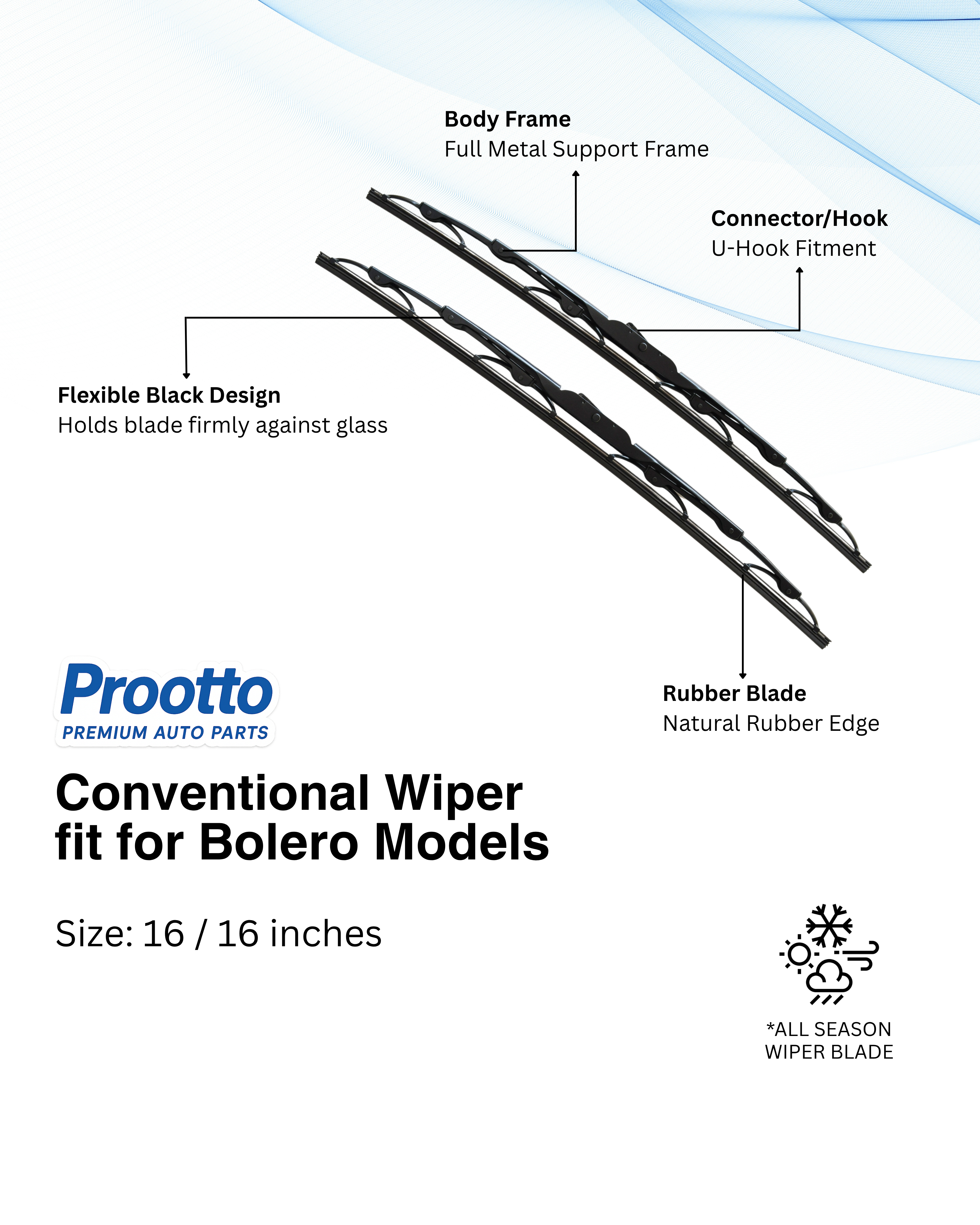 Mahindra Bolero Wiper Blades (16”/16”) – Prootto Premium Range