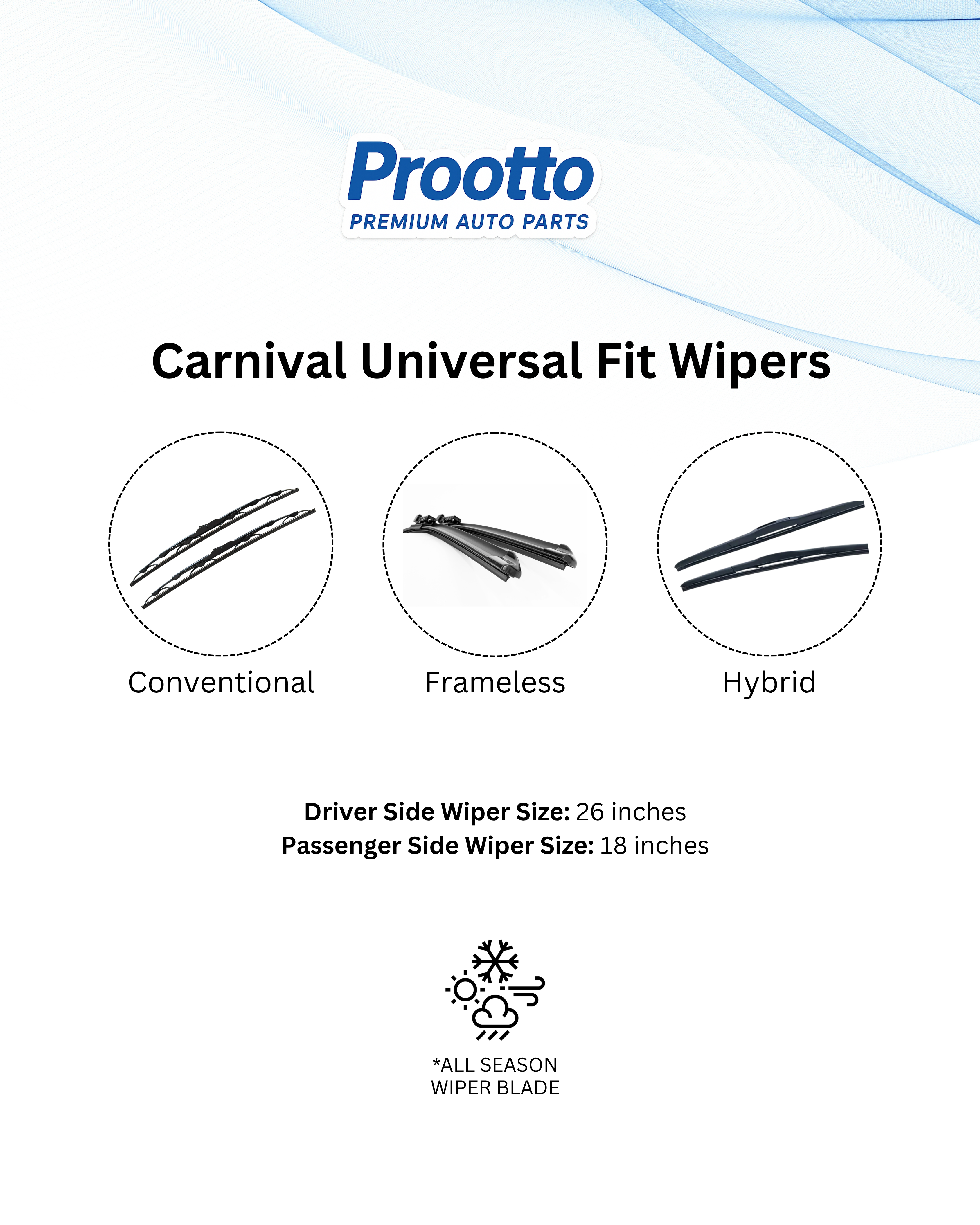 Prootto Wiper Blades for Kia Carnival Wiper Blades (2020-Present) - Hybrid, Frameless & Conventional
