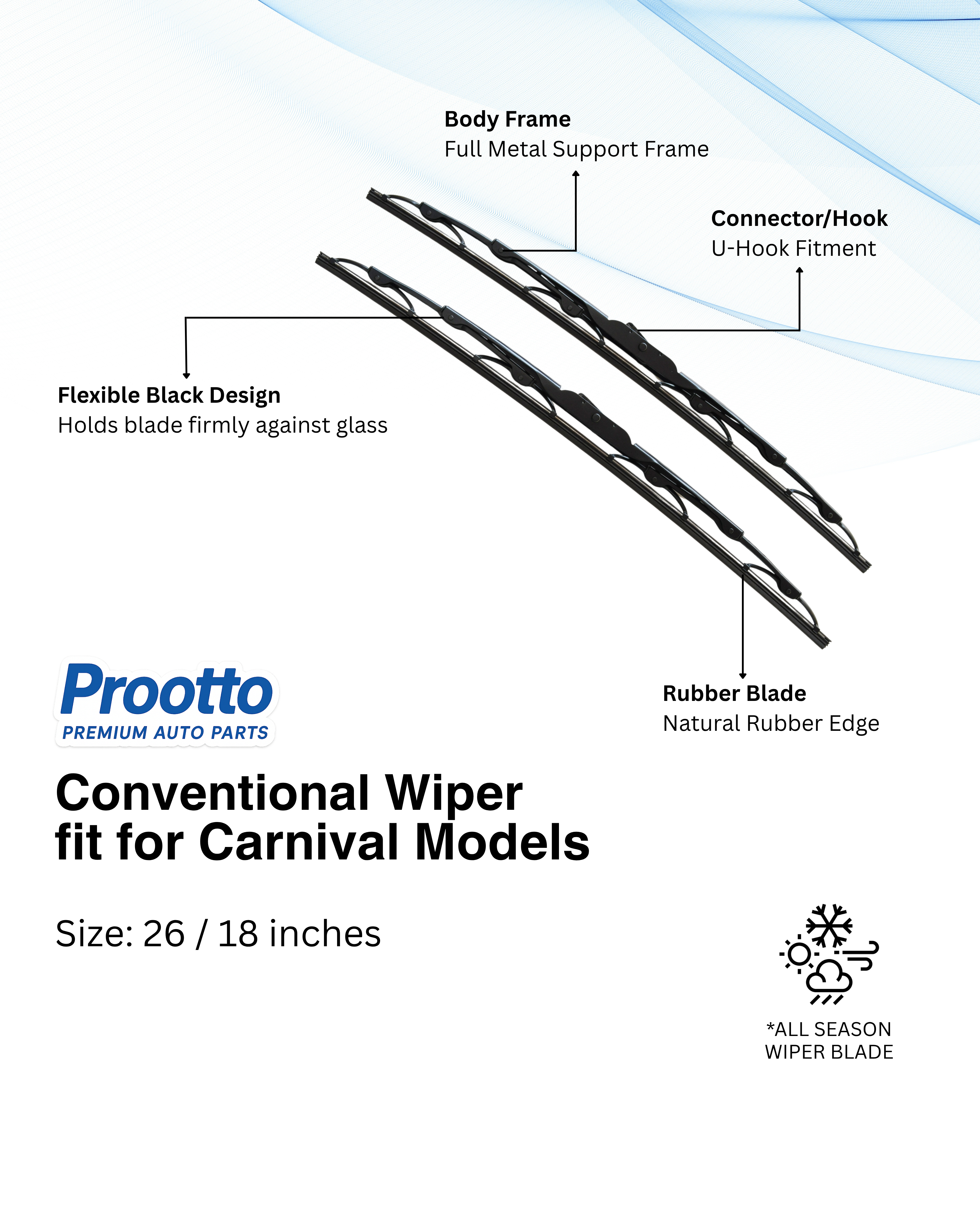 Prootto Wiper Blades for Kia Carnival Wiper Blades (2020-Present) - Hybrid, Frameless & Conventional