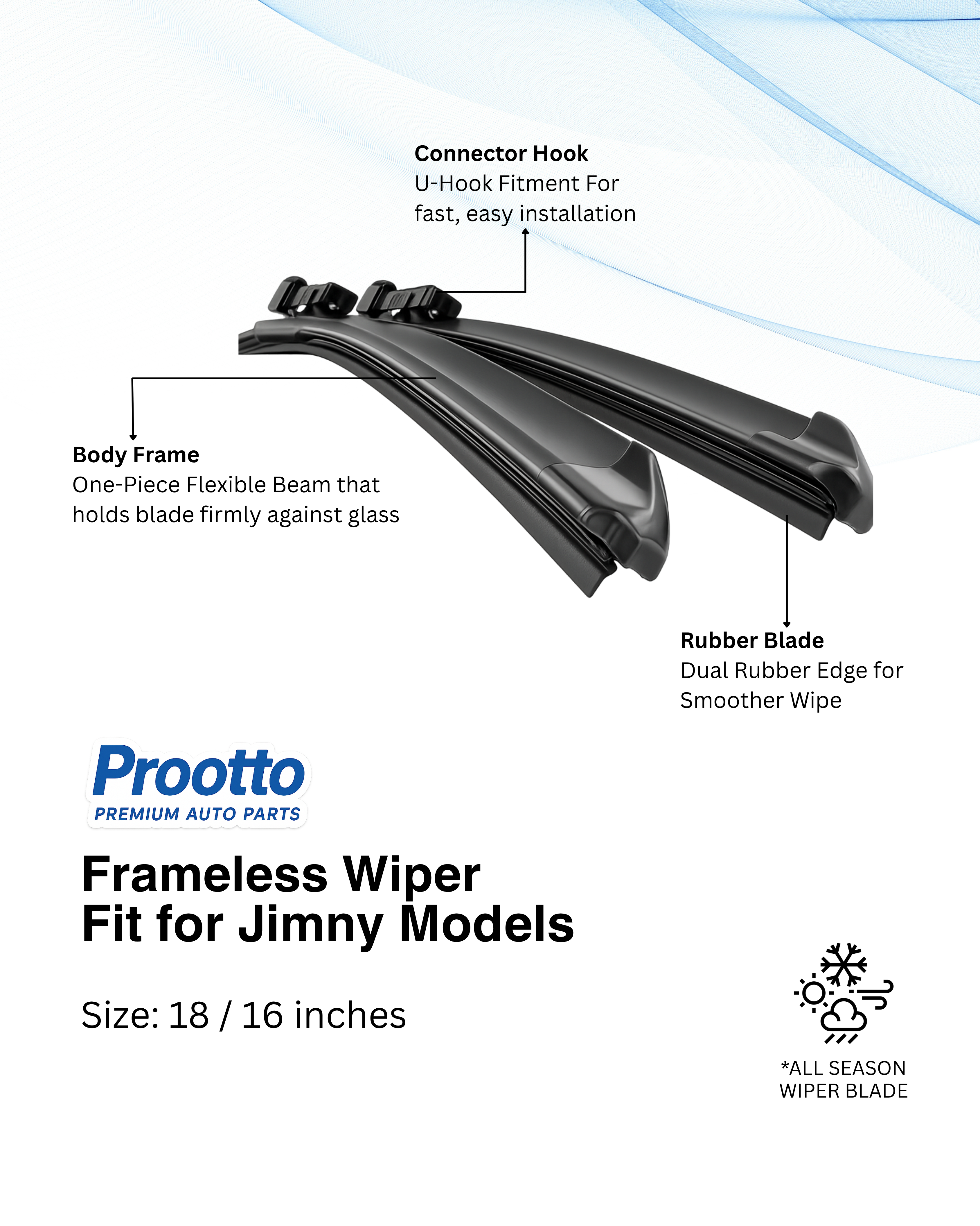 Prootto Wiper Blades for Maruti Jimny – Hybrid, Frameless & Conventional