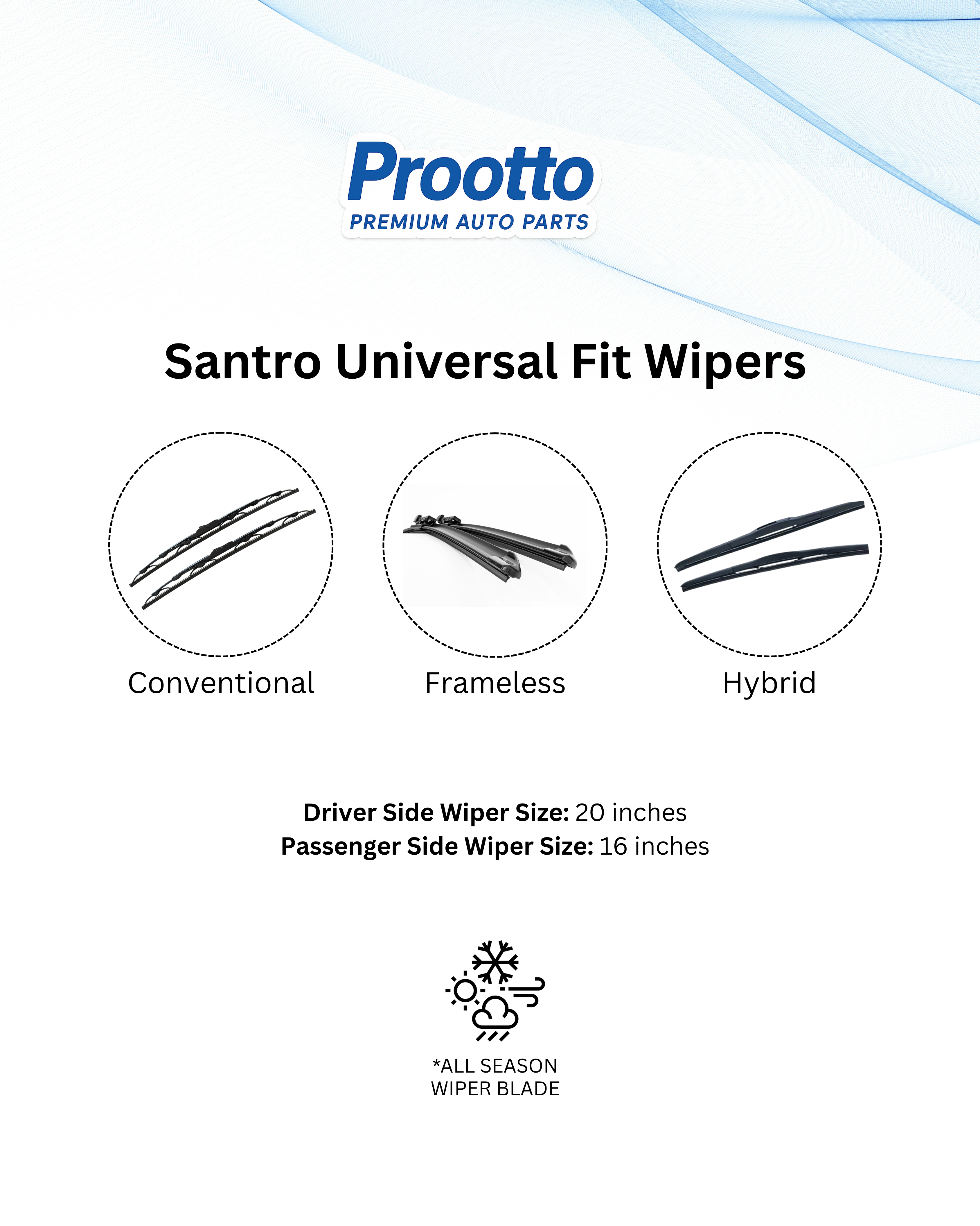 Prootto Wiper Blades for Hyundai Santro – Hybrid, Frameless & Conventional (2025)