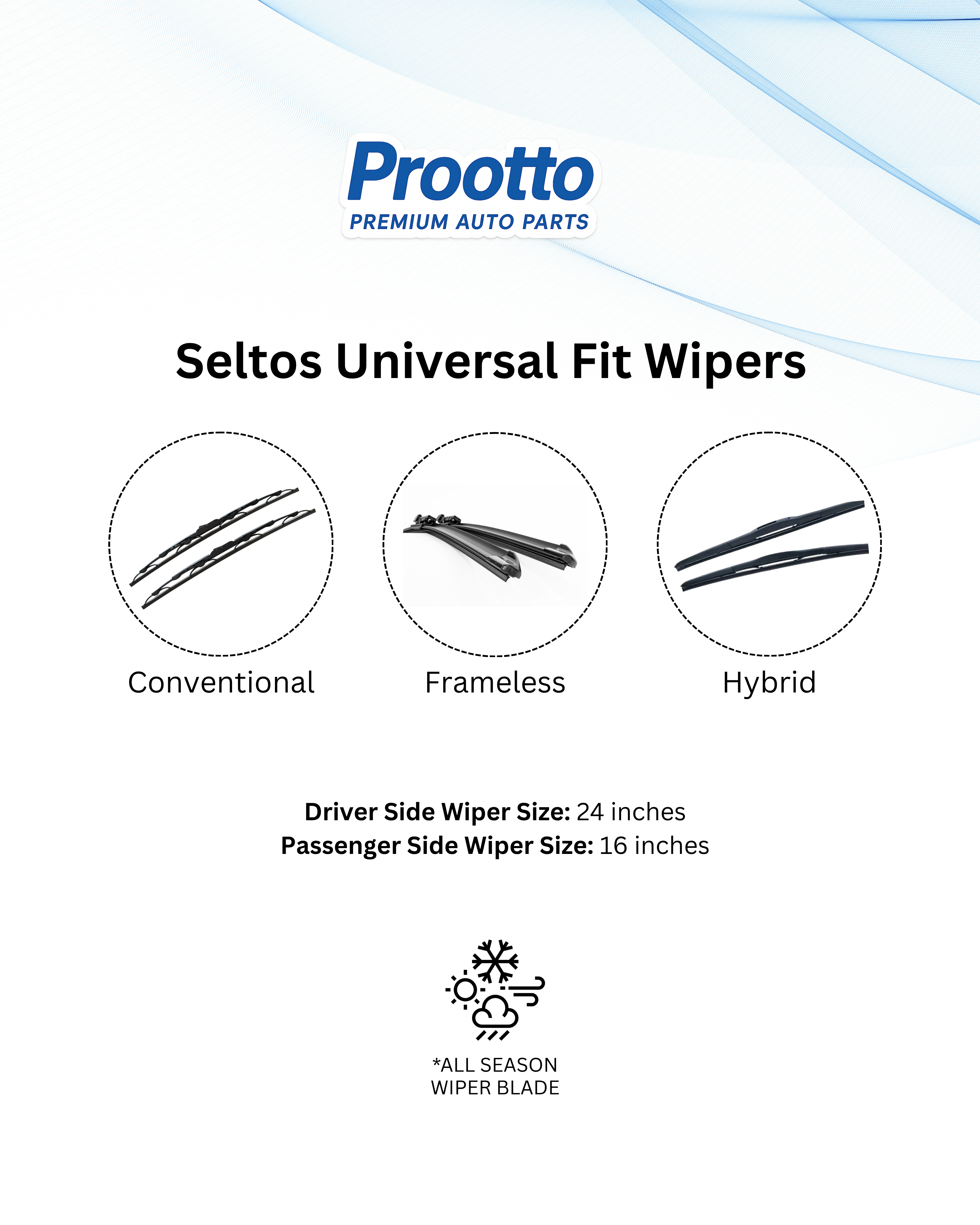 Prootto Wiper Blades for Kia Seltos Wiper Blades (2019-2023) - Hybrid, Frameless & Conventional