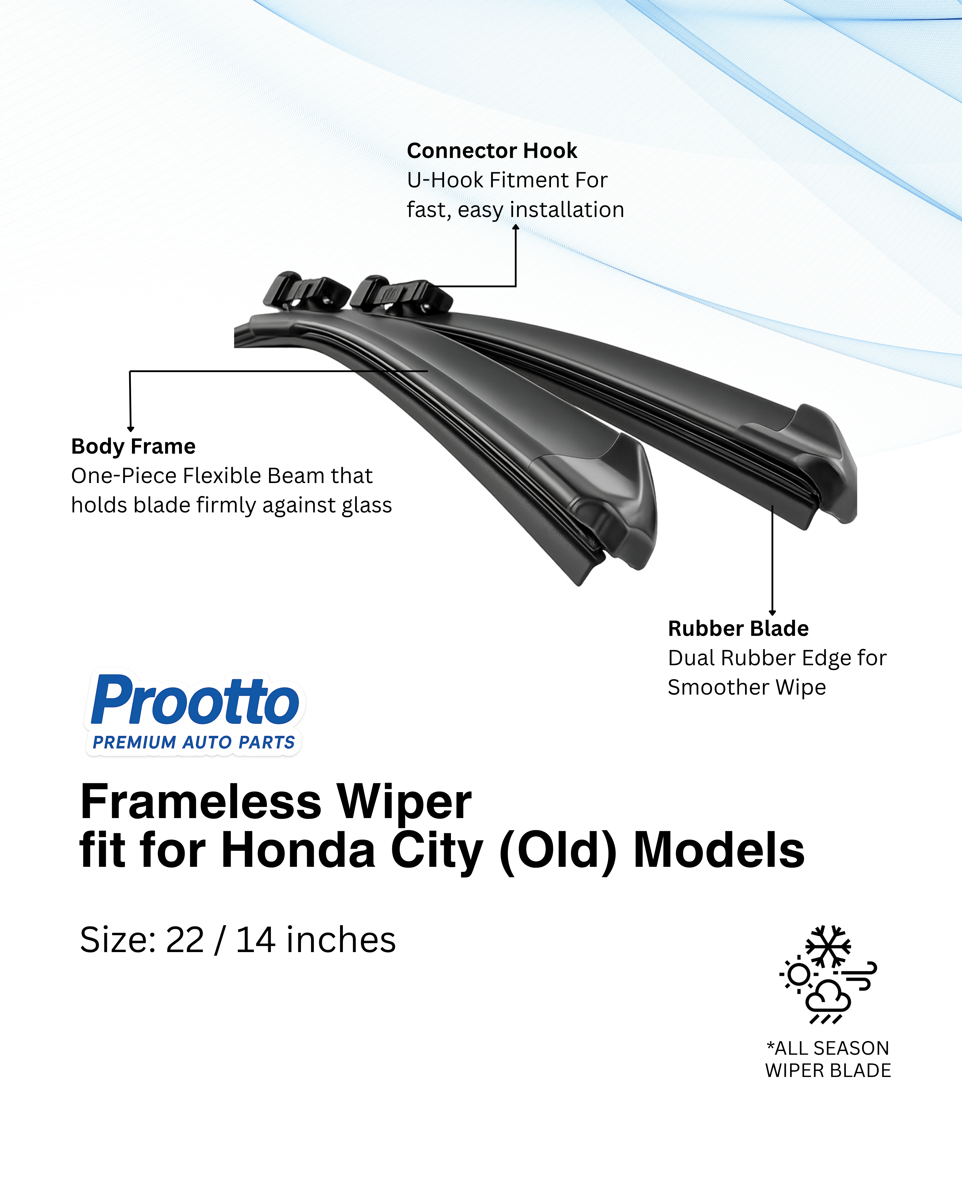 Honda City Wiper Blades (22”/14”) – Prootto Premium Range (2003–2008)