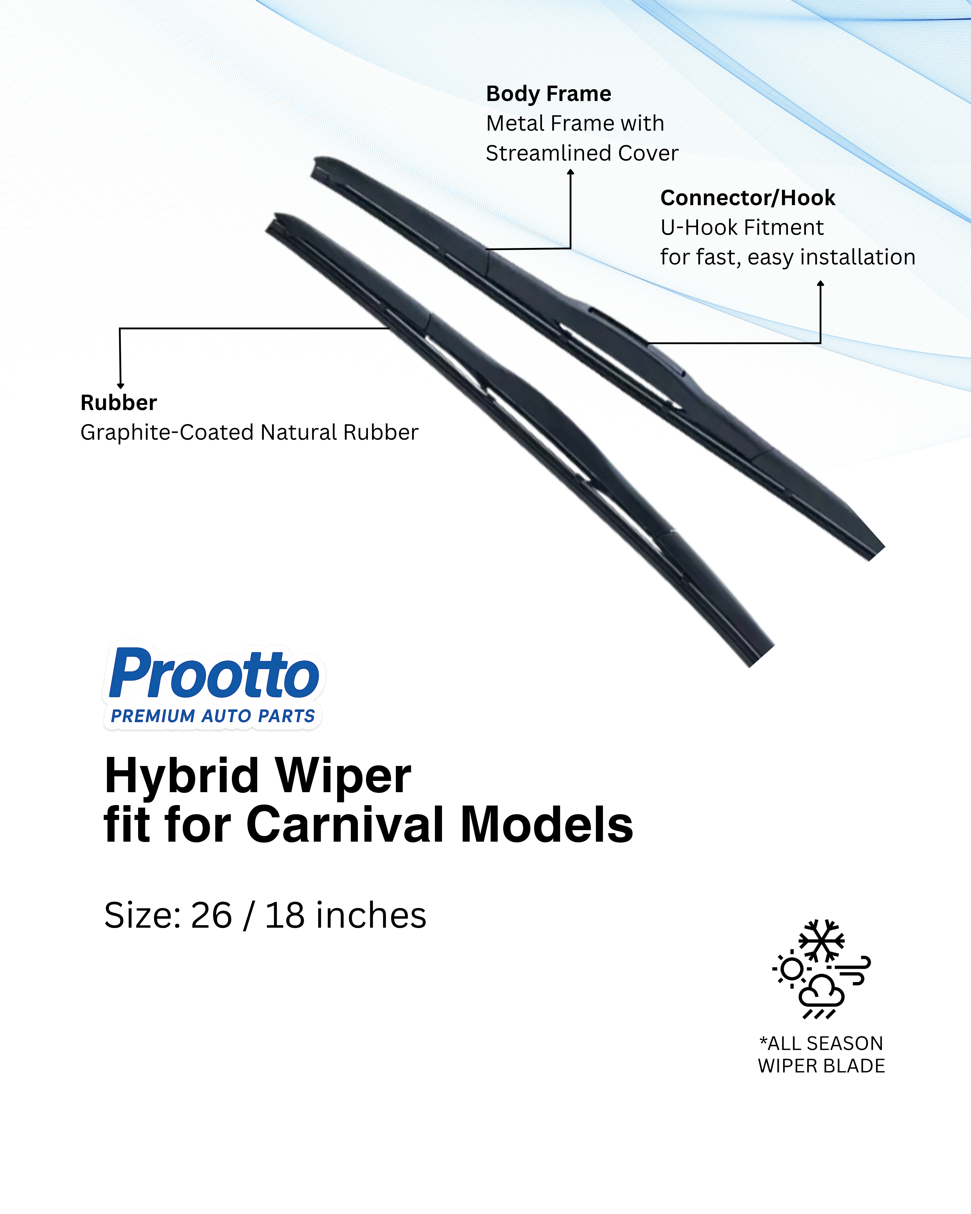 Prootto Wiper Blades for Kia Carnival Wiper Blades (2020-Present) - Hybrid, Frameless & Conventional