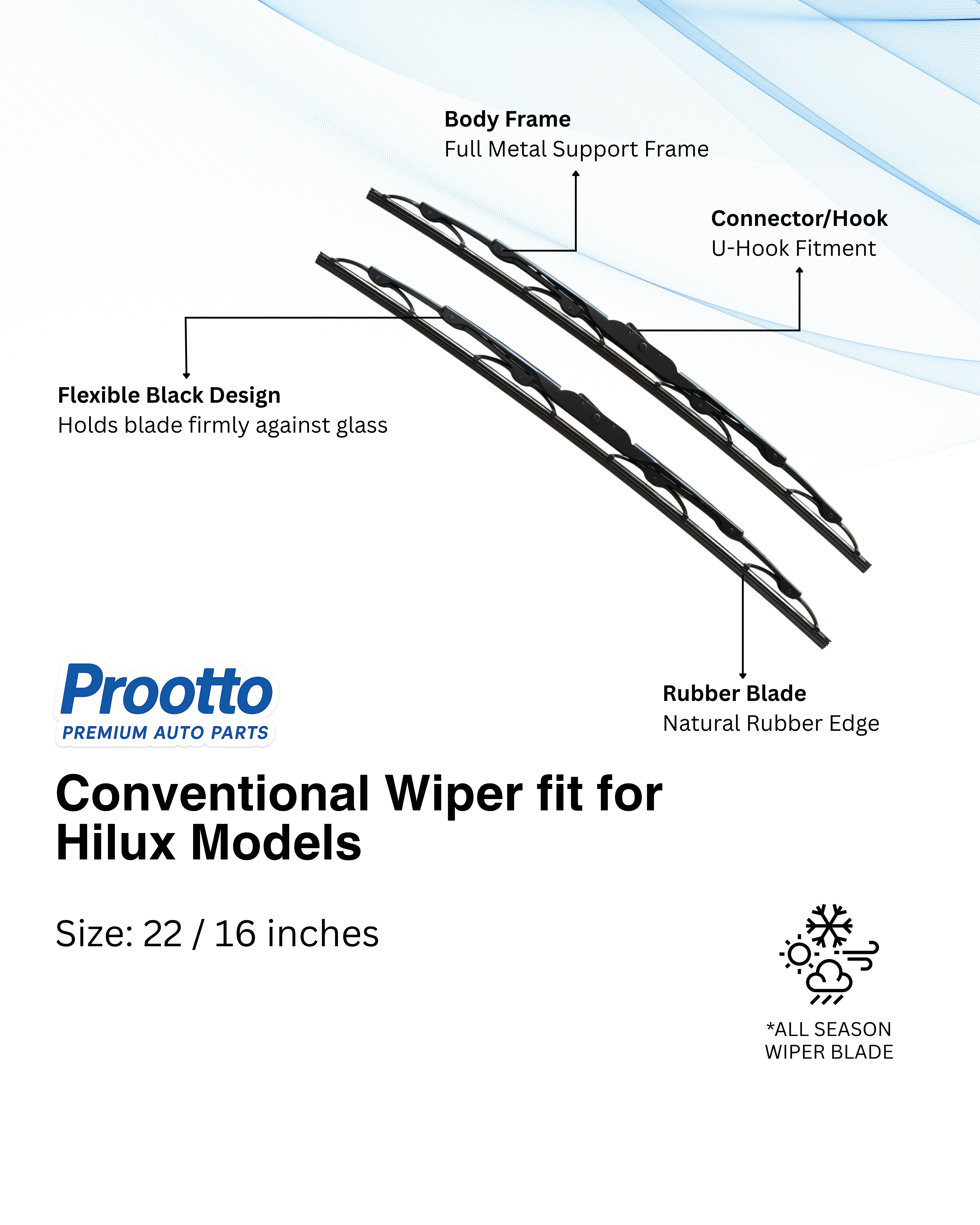 Prootto Wiper Blades for Toyota Hilux Windshield Wiper Blades - Hybrid, Frameless and Conventional