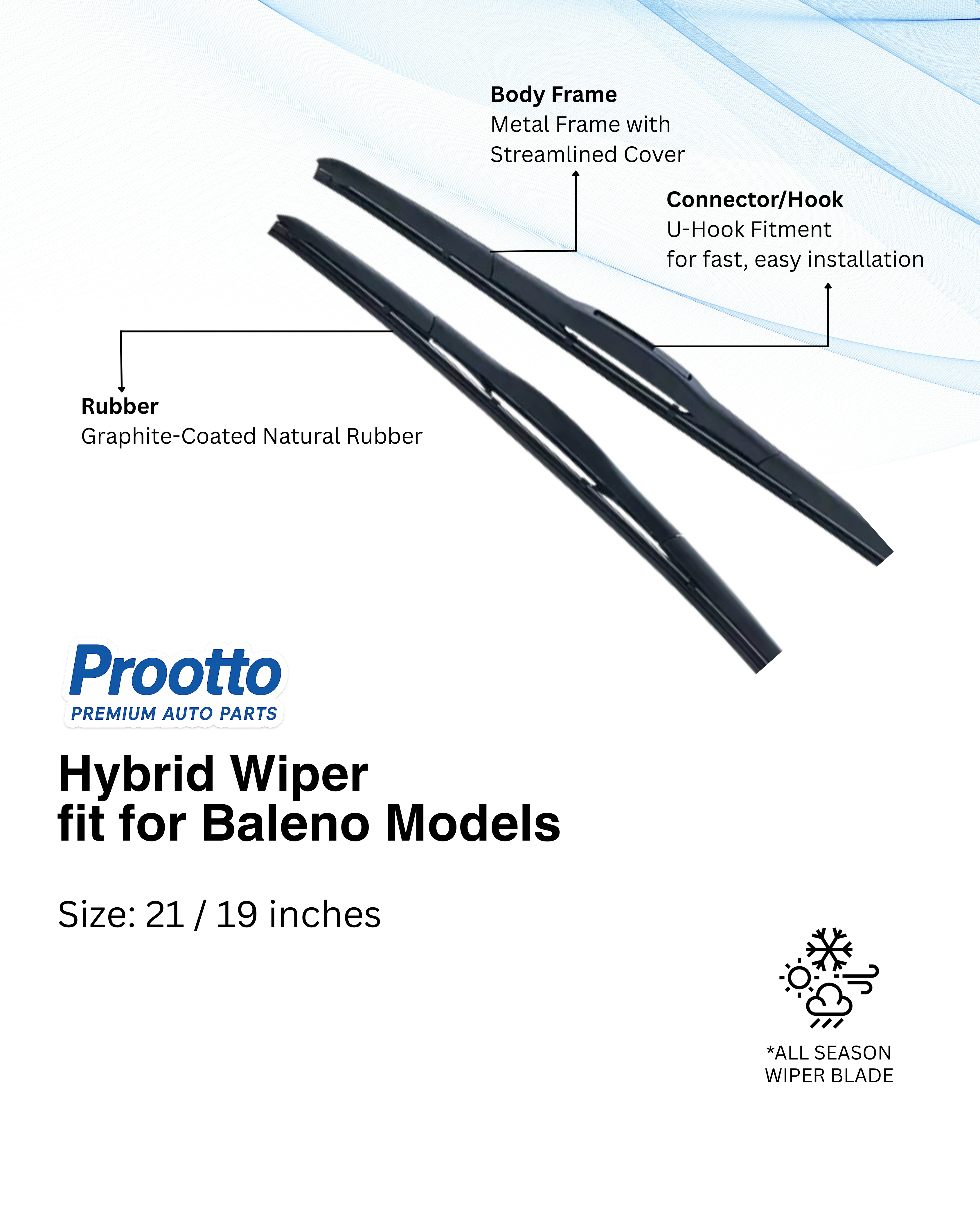 Prootto Wiper Blades for Maruti Baleno – Hybrid, Frameless & Conventional