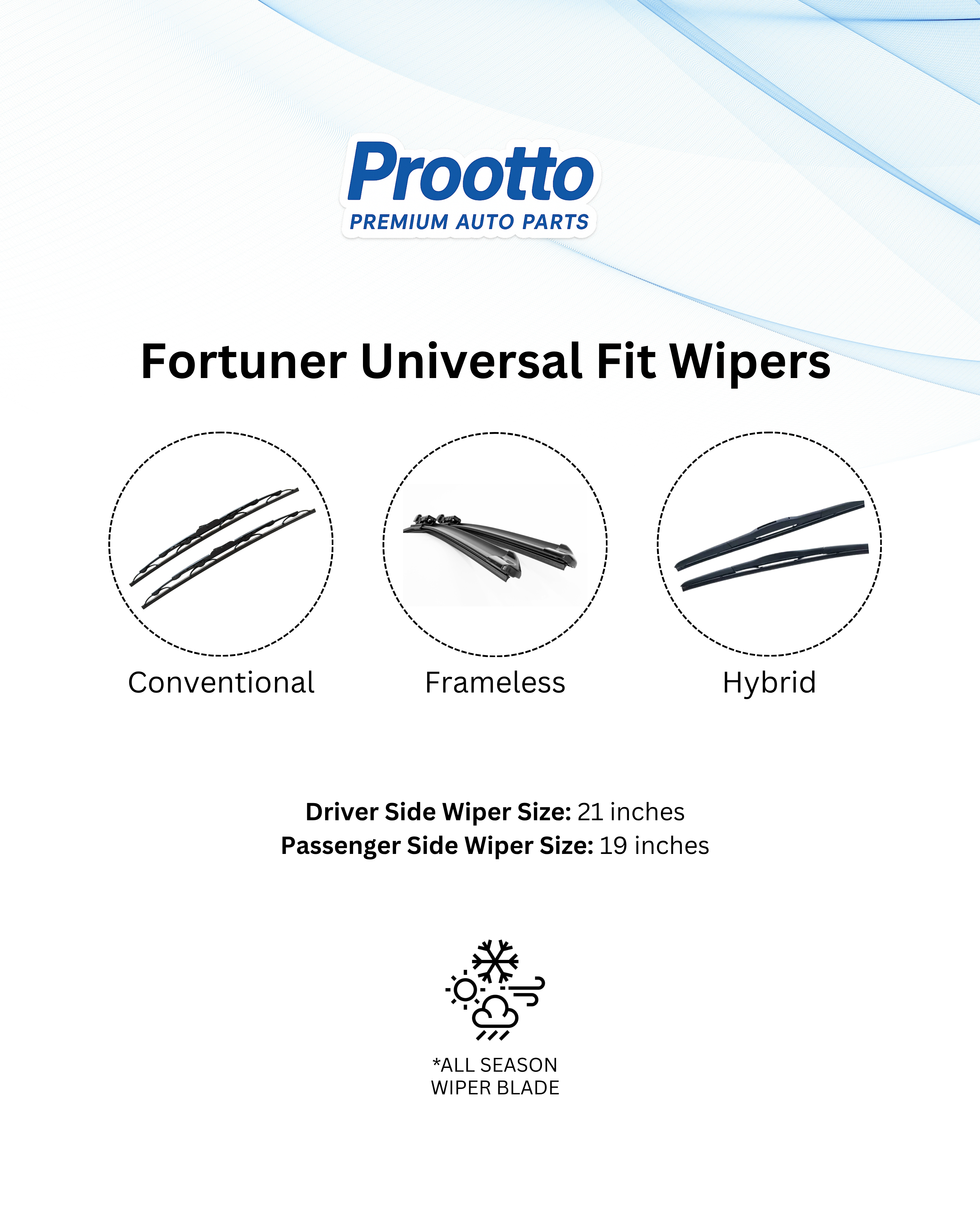 Prootto Wiper Blades for Toyota Fortuner Wiper Blades - Hybrid, Frameless and Conventional
