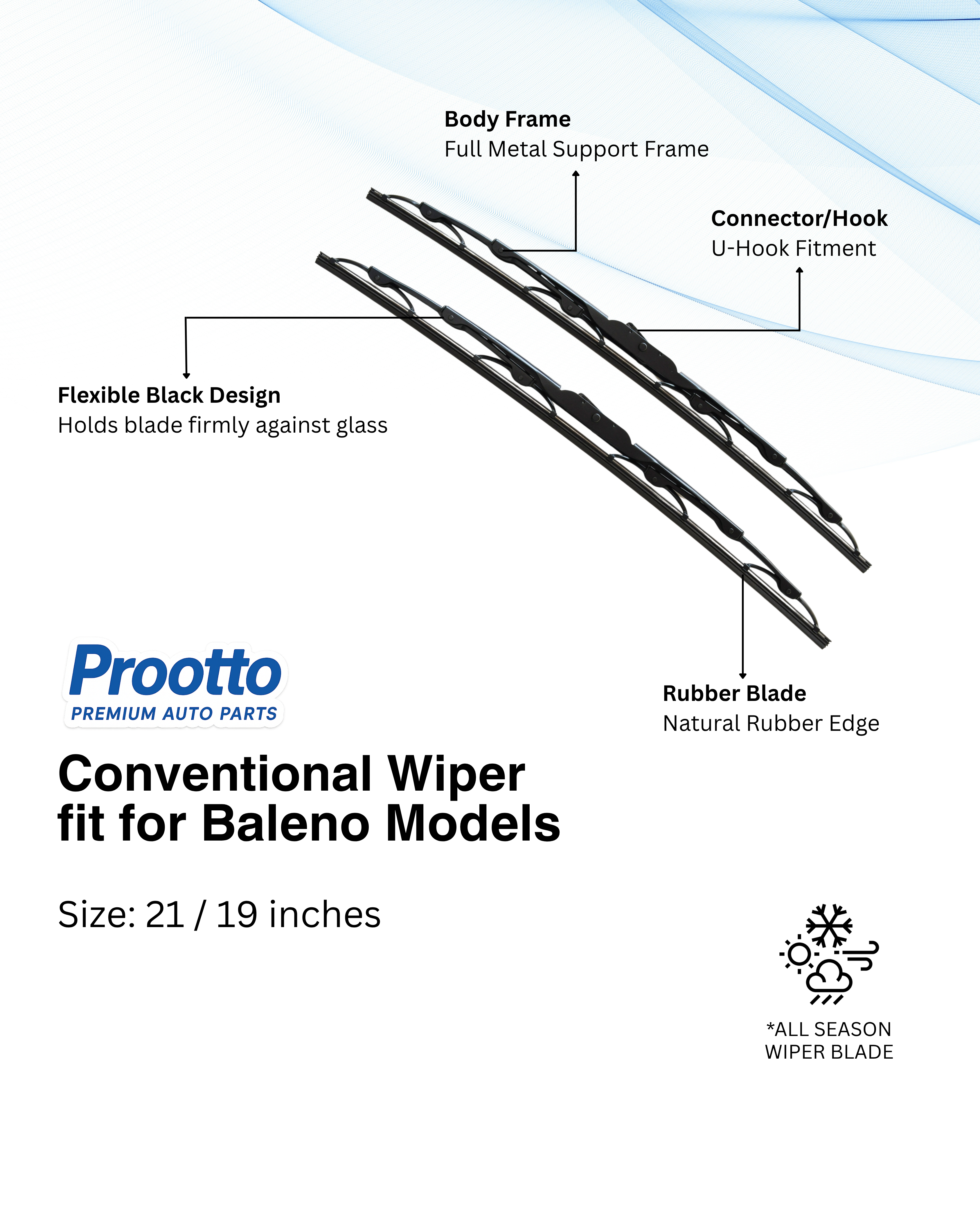 Prootto Wiper Blades for Maruti Baleno – Hybrid, Frameless & Conventional