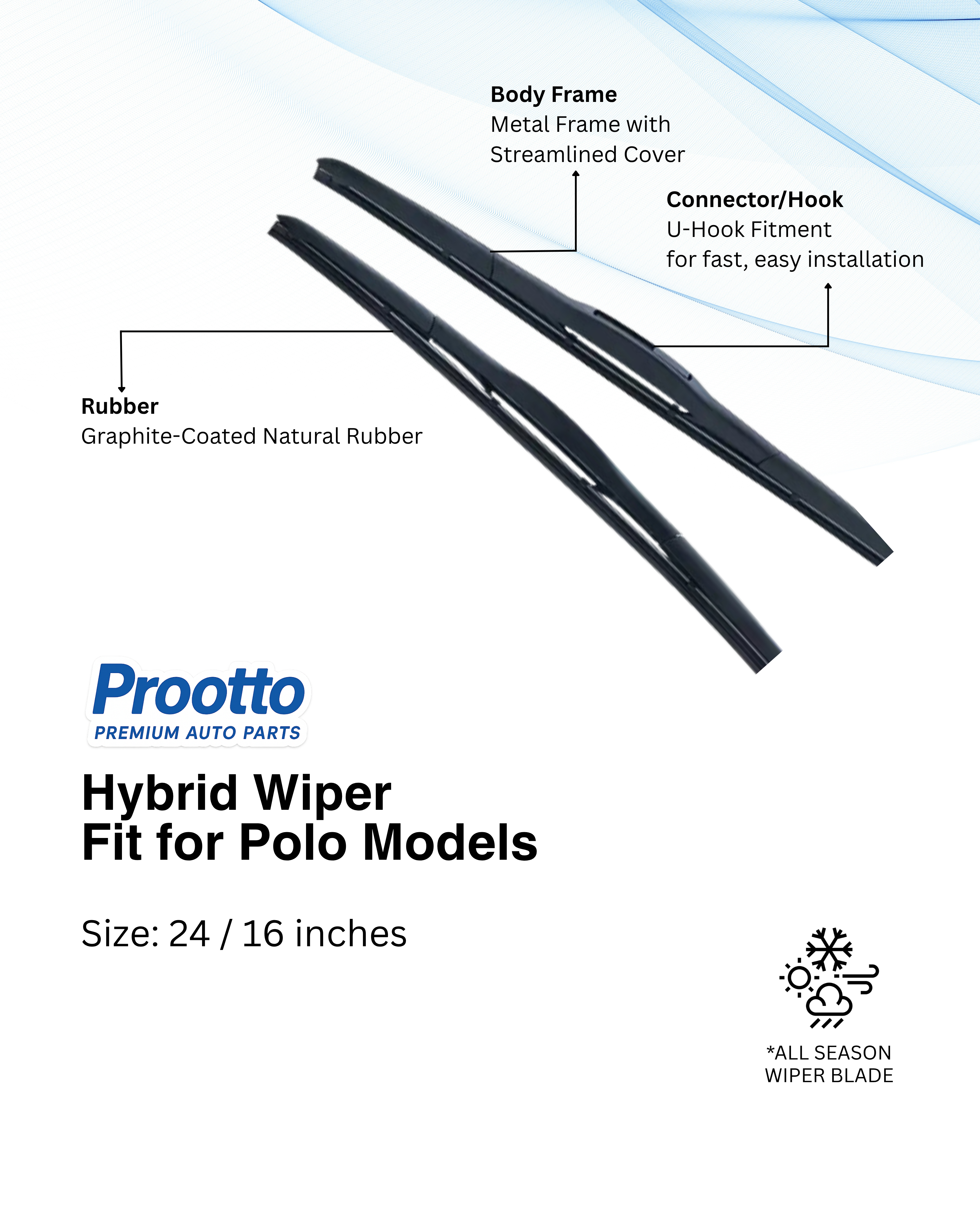 Prootto Wiper Blades for Volkswagen Polo – Hybrid, Frameless & Conventional