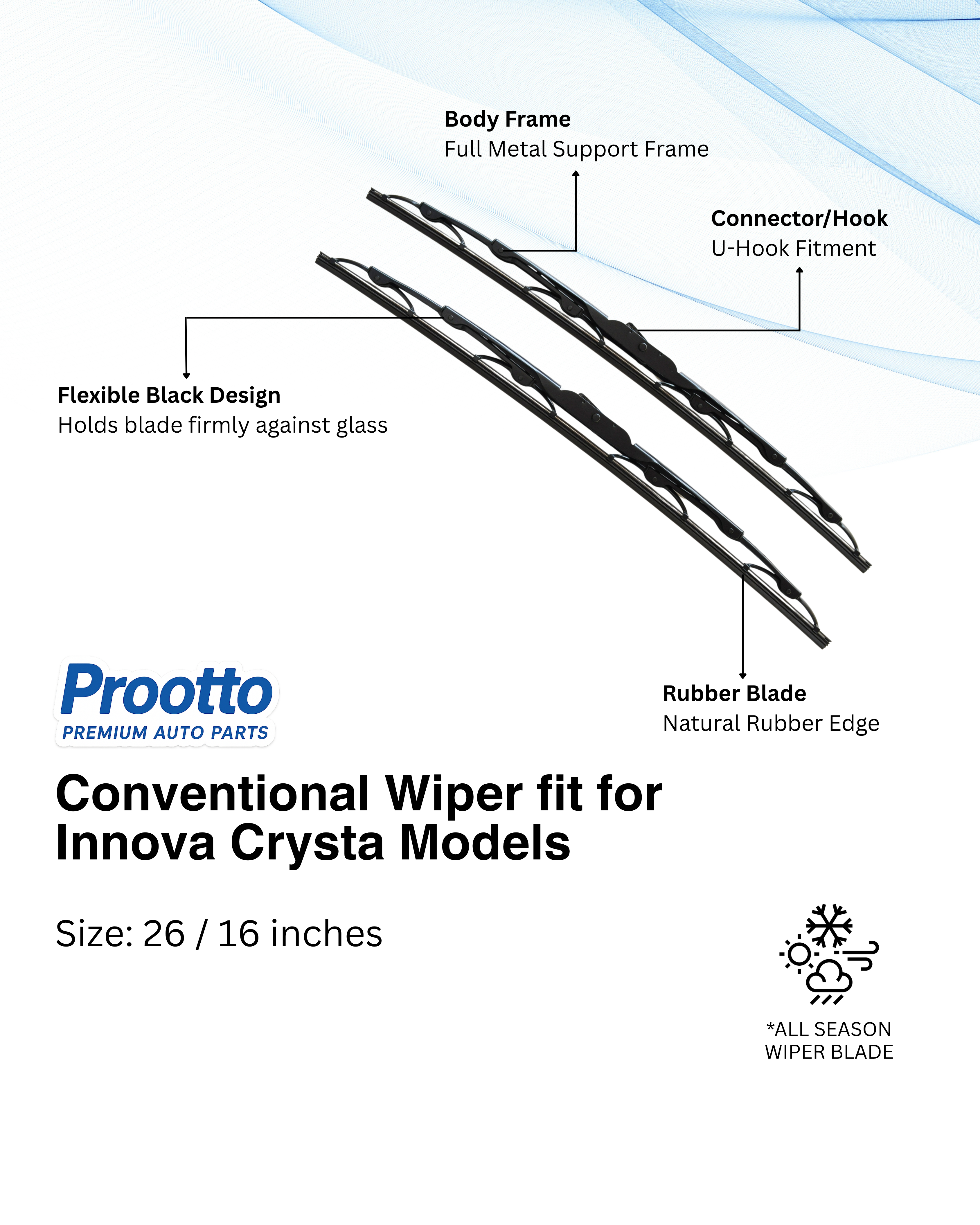 Prootto Wiper Blades for Toyota Innova Windshield Wipers for SUV - Hybrid, Frameless and Conventional