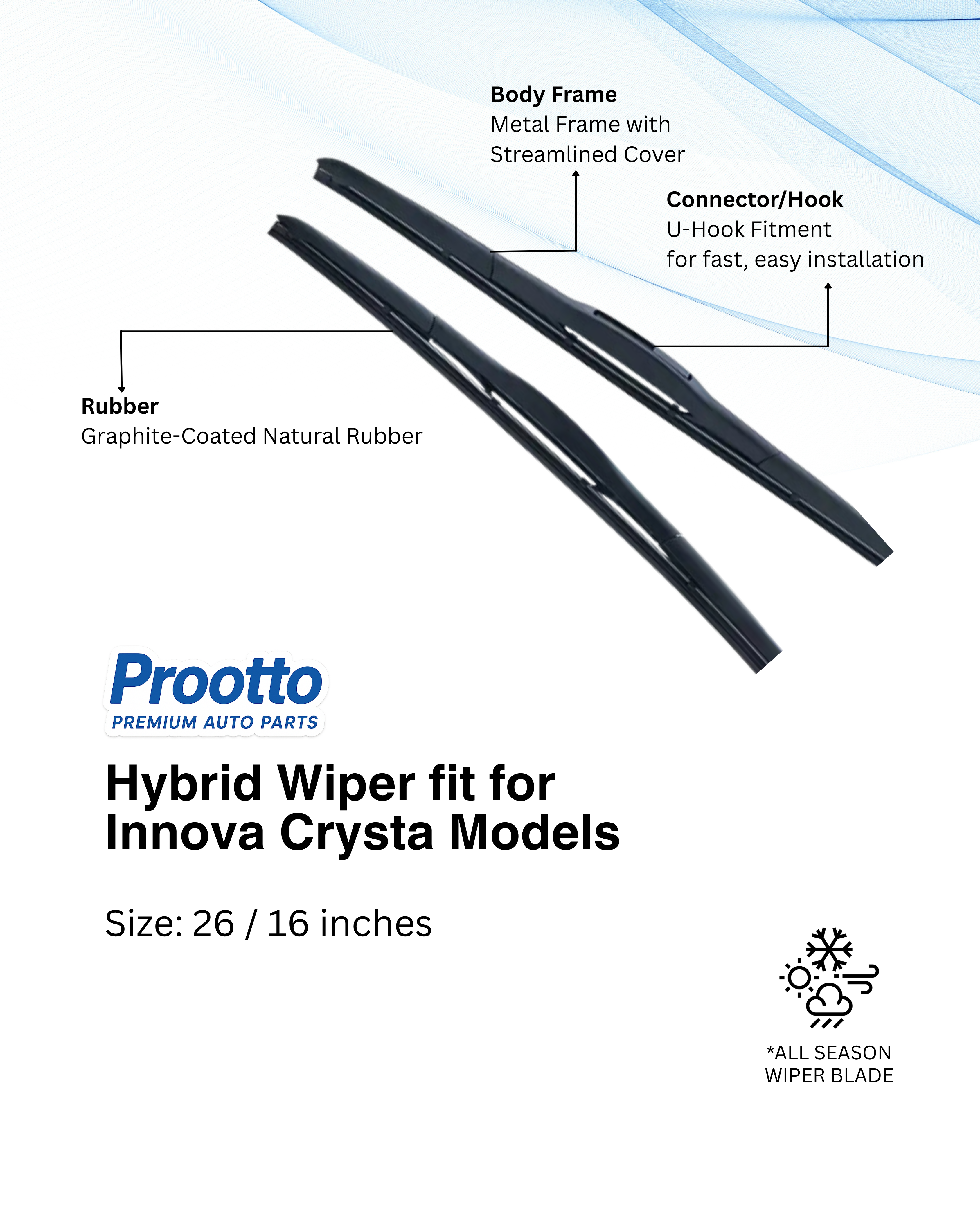 Prootto Wiper Blades for Toyota Innova Windshield Wipers for SUV - Hybrid, Frameless and Conventional