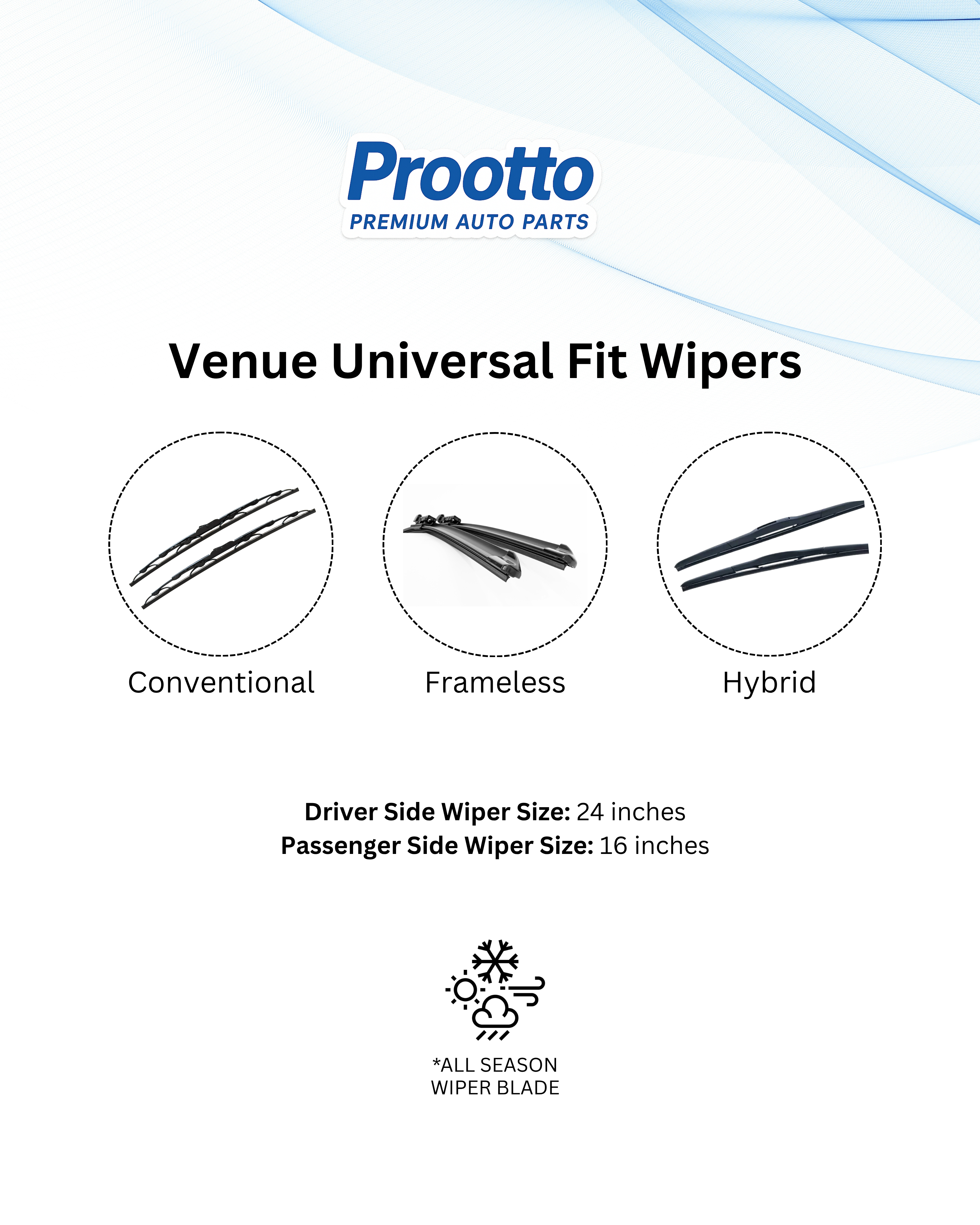 Prootto Wiper Blades for Hyundai Venue – Hybrid, Frameless & Conventional 