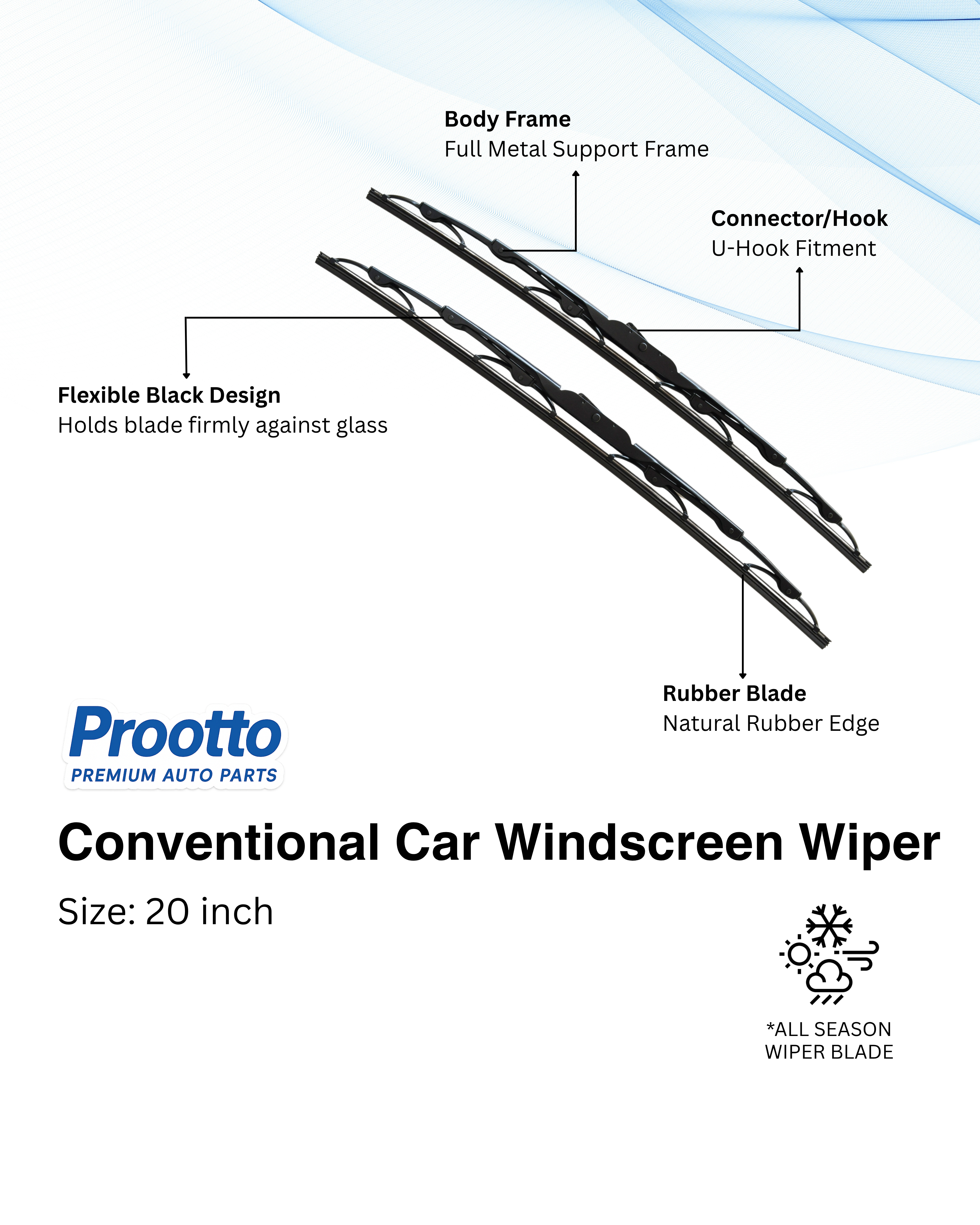 Prootto 20 Inch (500mm) Conventional Wiper Blade – U Hook Type | Smooth & Streak-Free Performance