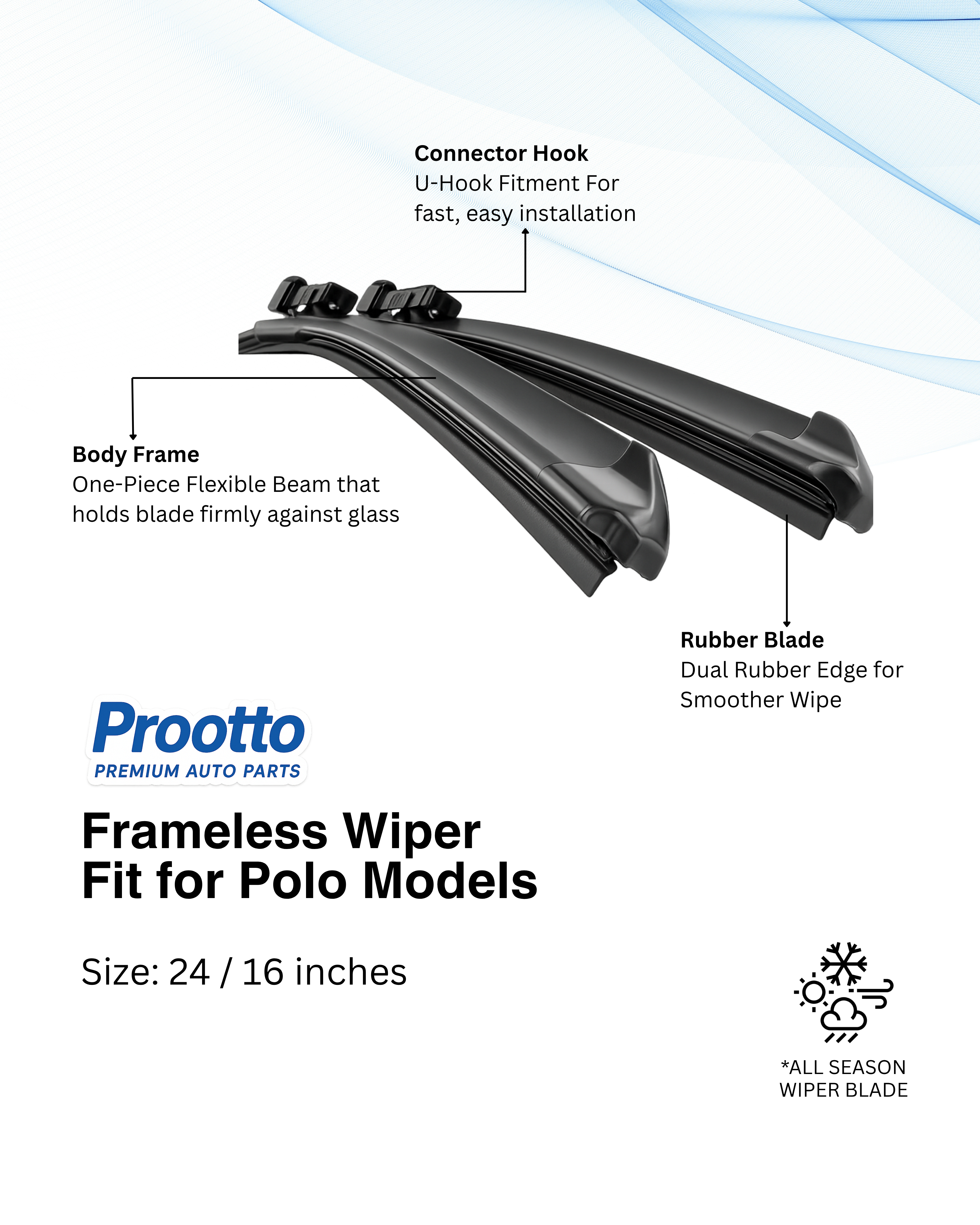 Prootto Wiper Blades for Volkswagen Polo – Hybrid, Frameless & Conventional