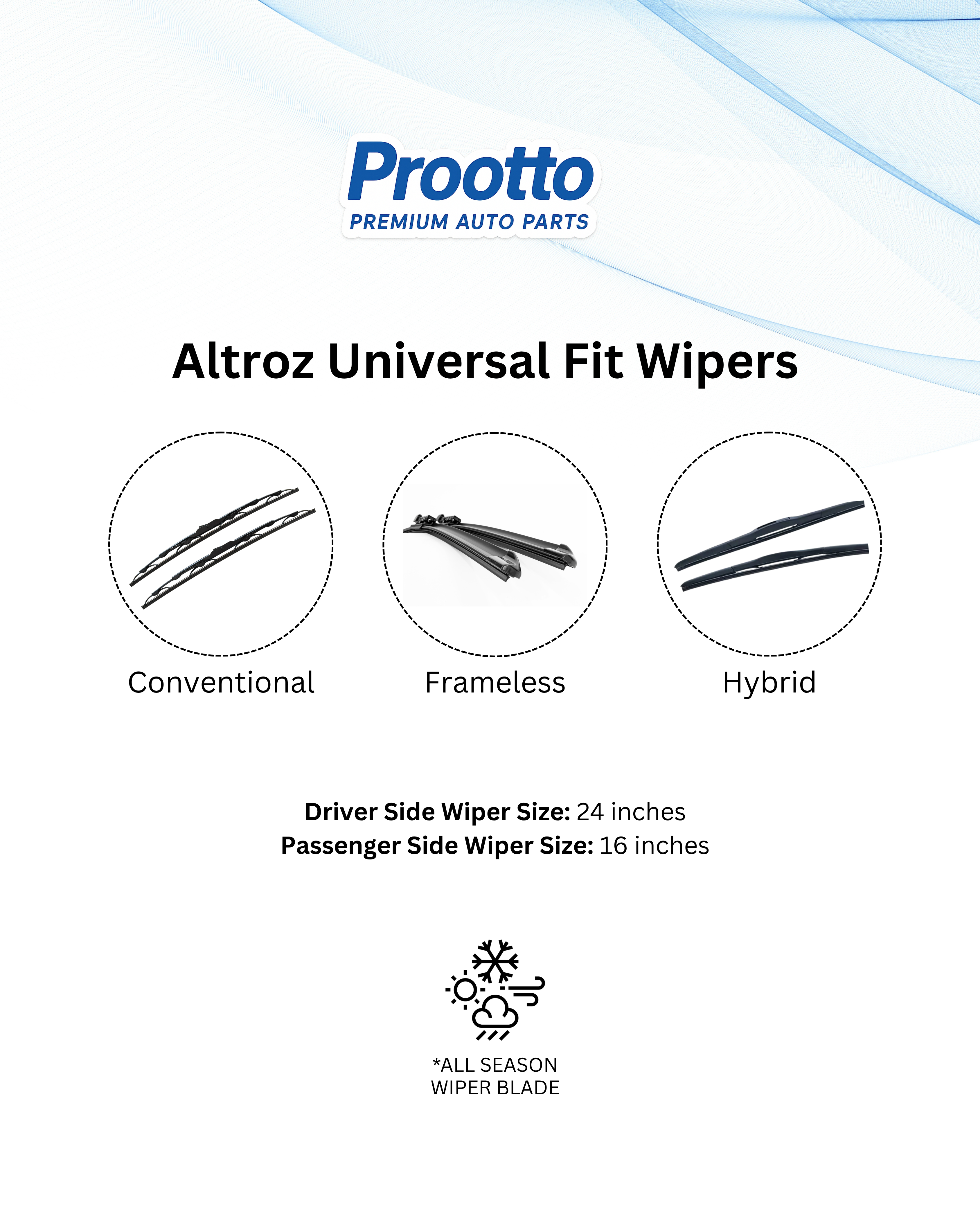 Prootto Wiper Blades for Tata Altroz – Hybrid, Frameless & Conventional (2025)