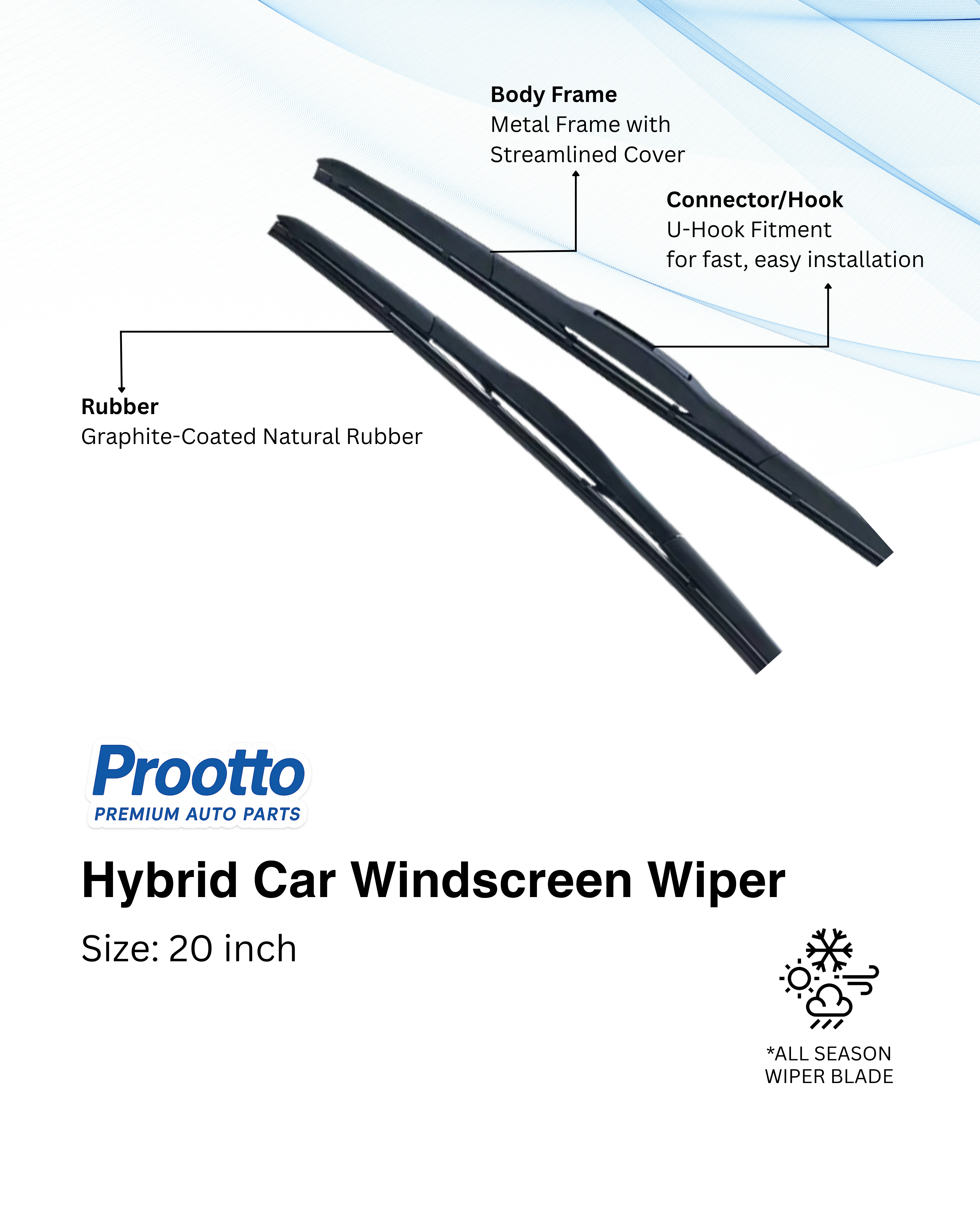 Prootto 20 Inch (500mm) Hybrid Wiper Blade – U Hook Type | Sleek Design & Superior All-Weather Performance
