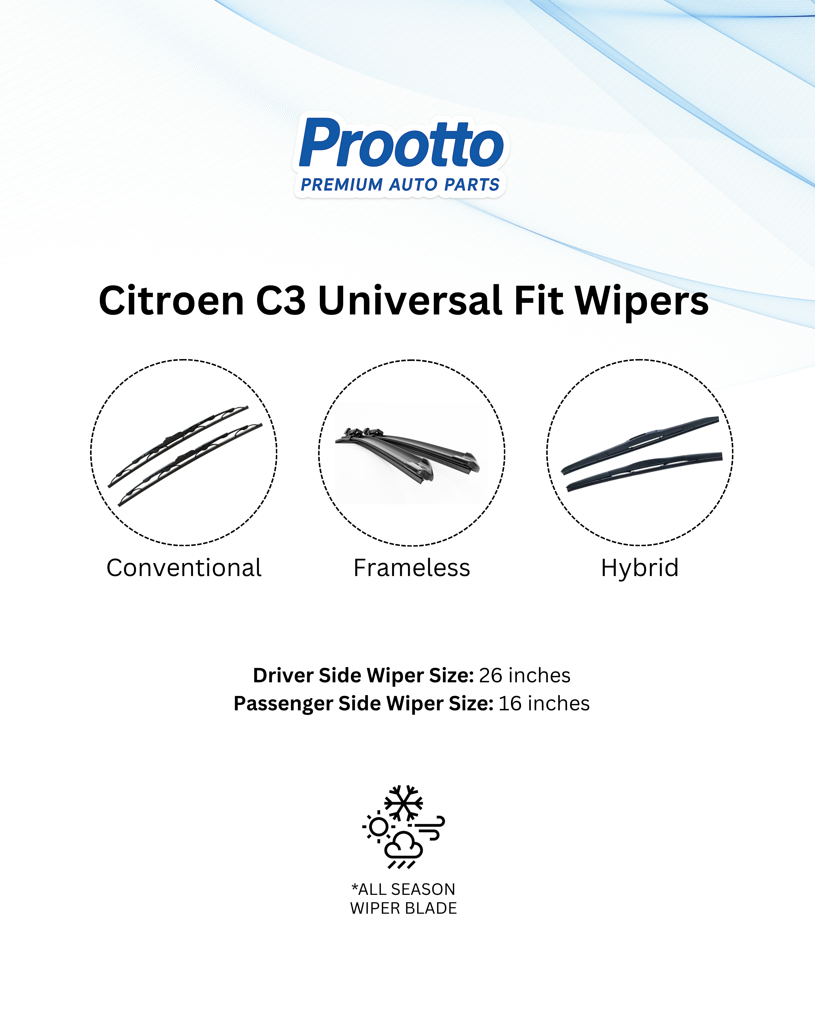 Prootto Wiper Blades for Citroën C3 Aircross – Hybrid, Frameless & Conventional (2025)