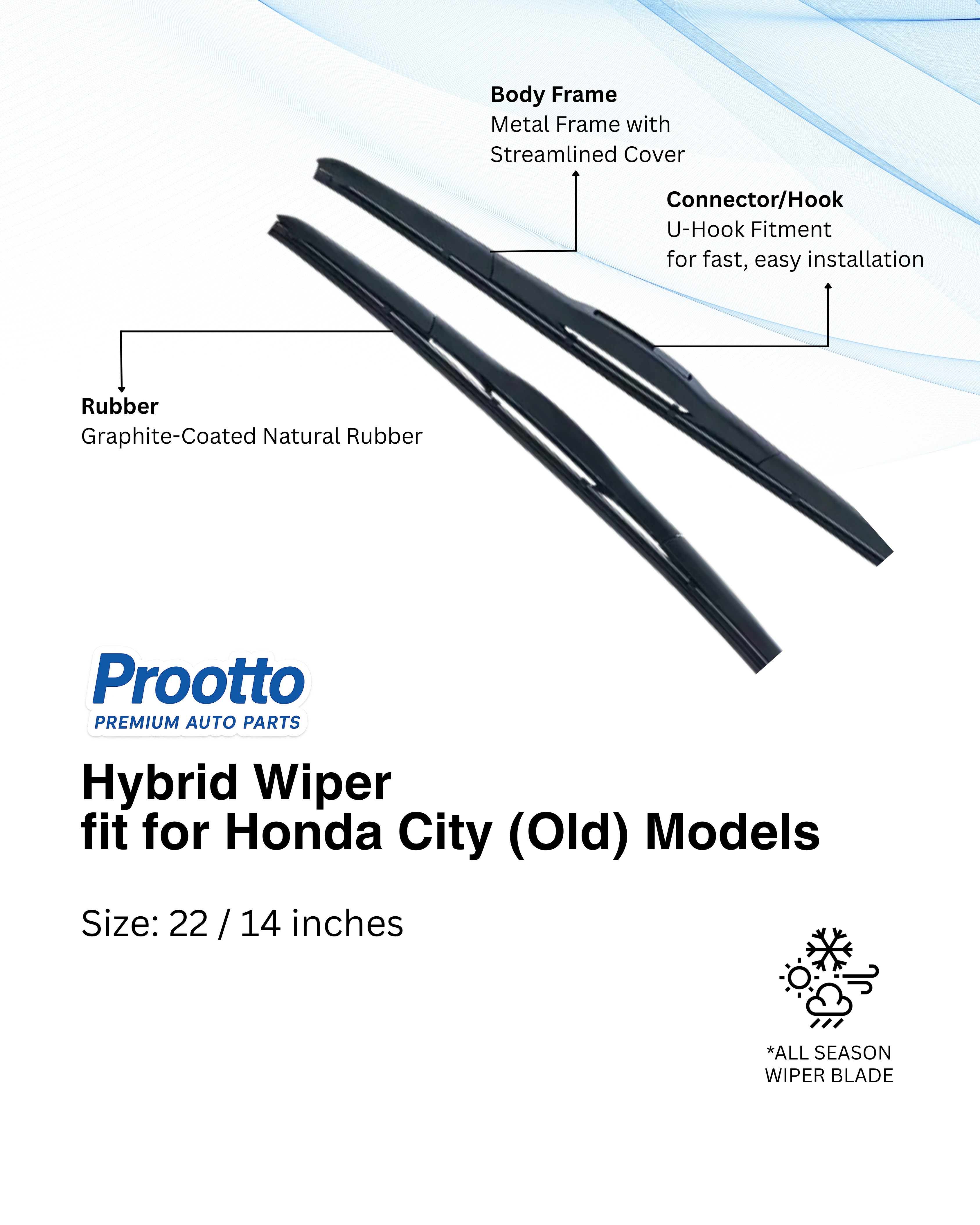 Honda City Wiper Blades (22”/14”) – Prootto Premium Range (2003–2008)