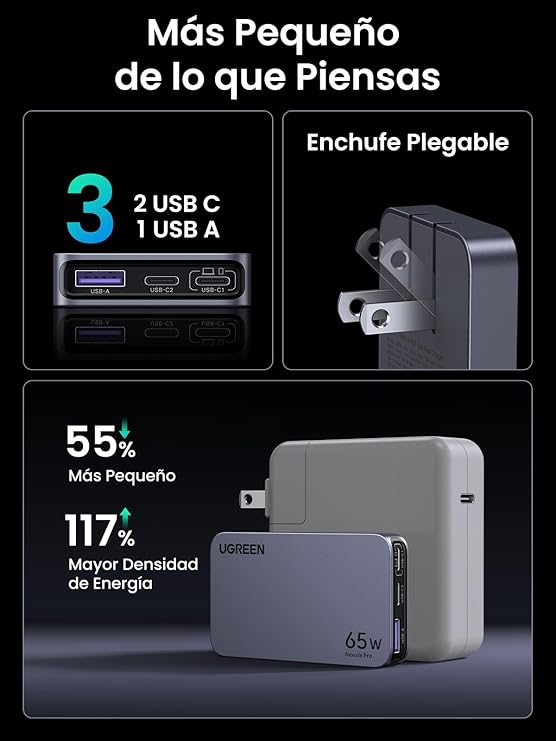 UGREEN Nexode Pro Cargador Tipo C 65W Ultradelgado de 13MM para Espacio Estrecho, Pared Plana con 3 Puertos Compatible con Mac-Book Pro/Air,iPhone16 15 Pro/Pro MAX S24 Ultra y