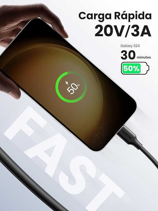 Cable USB-C A USB-C Ugreen 50997 / 1 Metro / Carga Rápida De Hasta 60W / 480 Mbps / PD3.0 / QC 4.0 / 3.0 / 2.0 