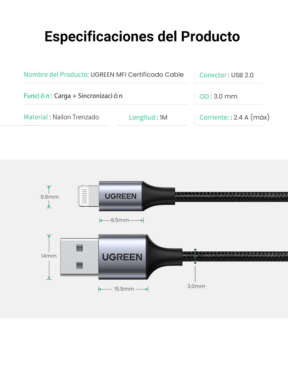 UGREEN Lightning Cable MFI Certificado, Nylon Trenzado 8 PIN 1M 2.4A 480Mbps Max 