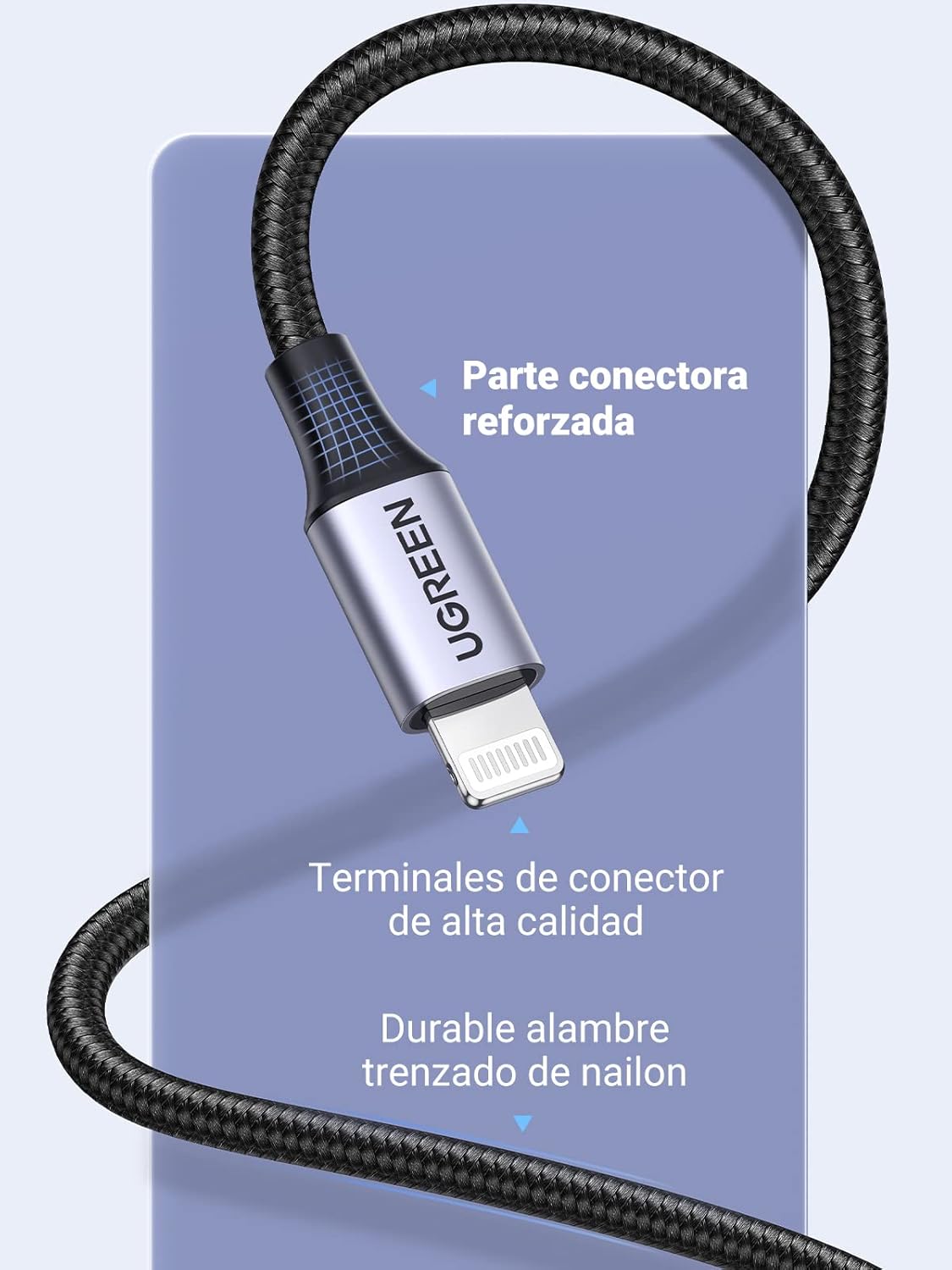 UGREEN Lightning Cable MFI Certificado, Nylon Trenzado 8 PIN 1M 2.4A 480Mbps Max 