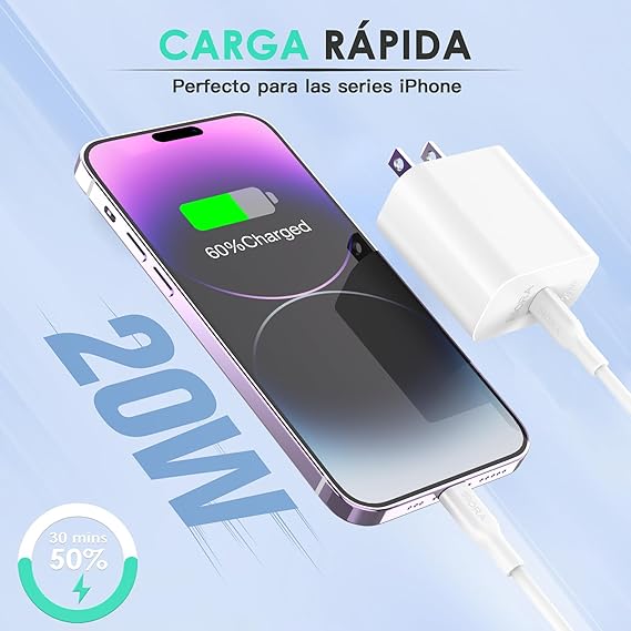 1HORA Combo de Cargador PD 20W TIPOC-IP GAR154 Lightning Carga Rapida 3A