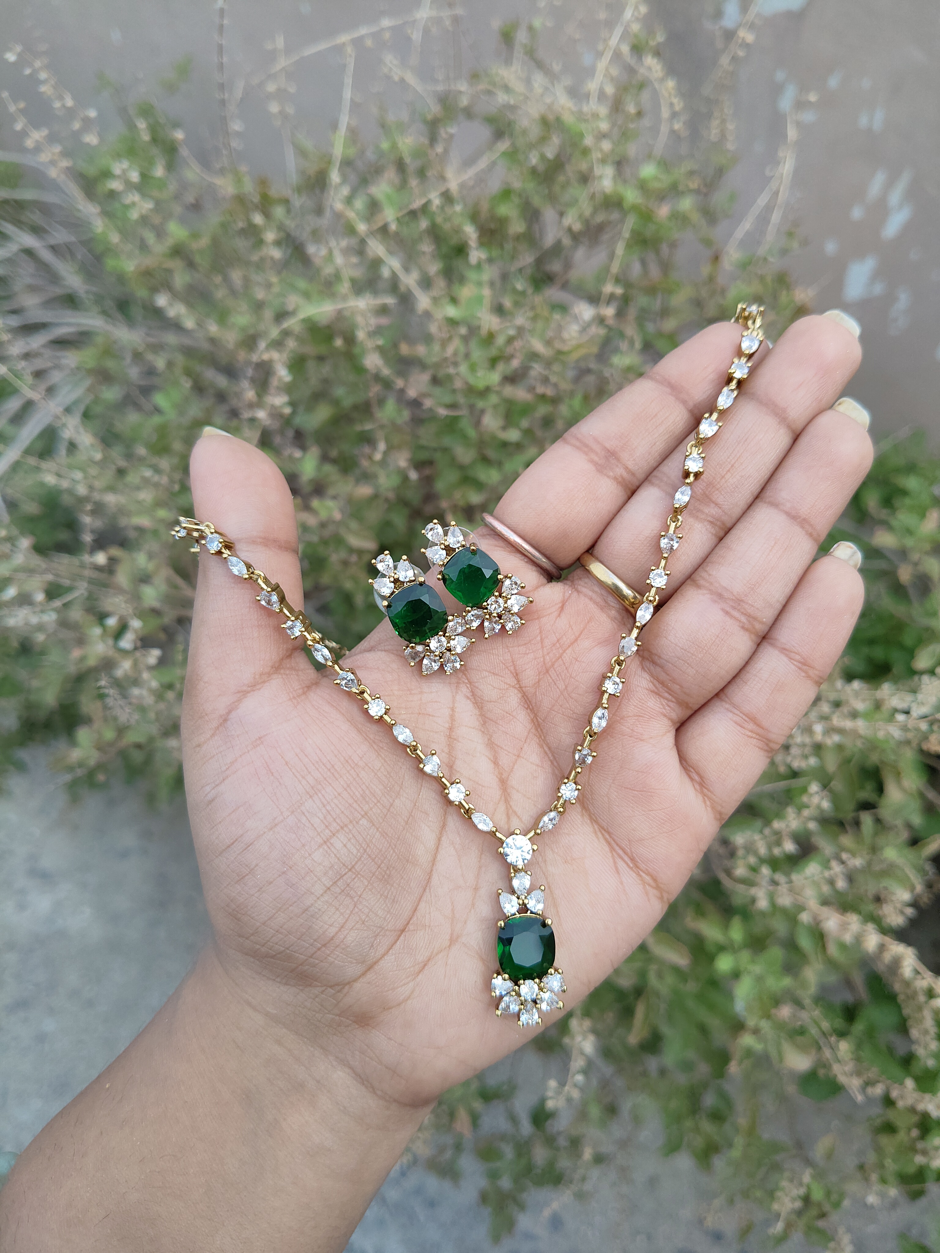 American Diamond Golden Necklace (Green)