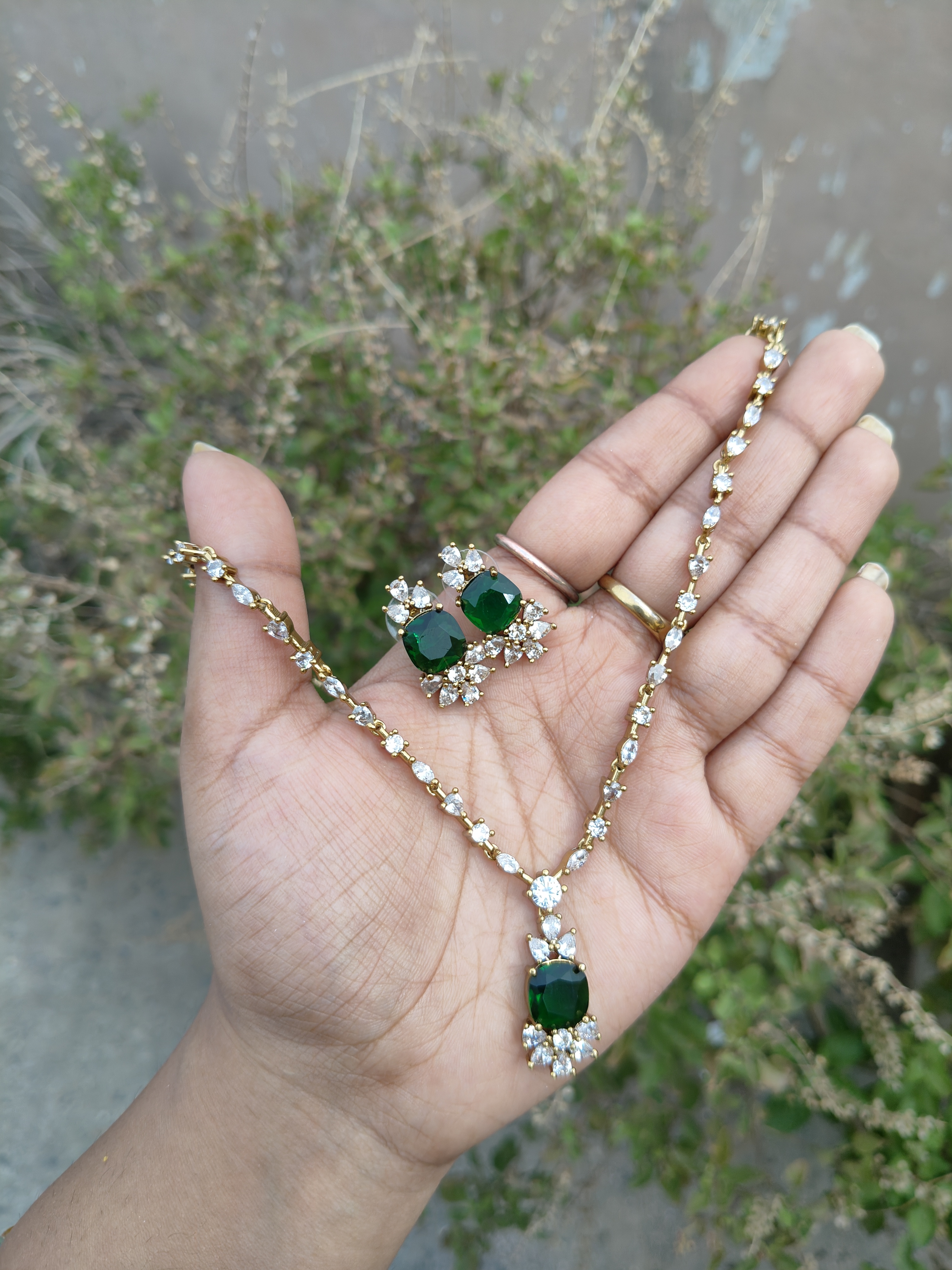 American Diamond Golden Necklace (Green)