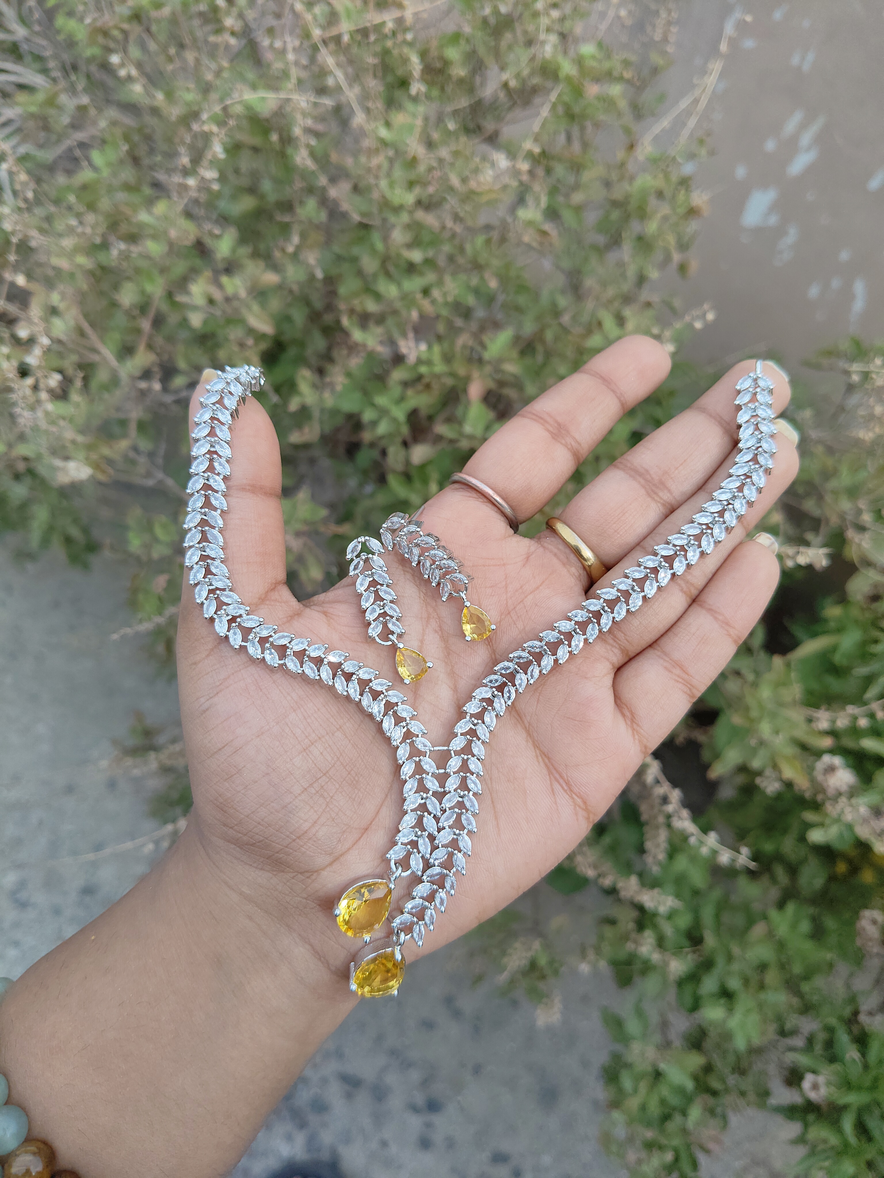 American Diamond Leaf Layer Necklace 