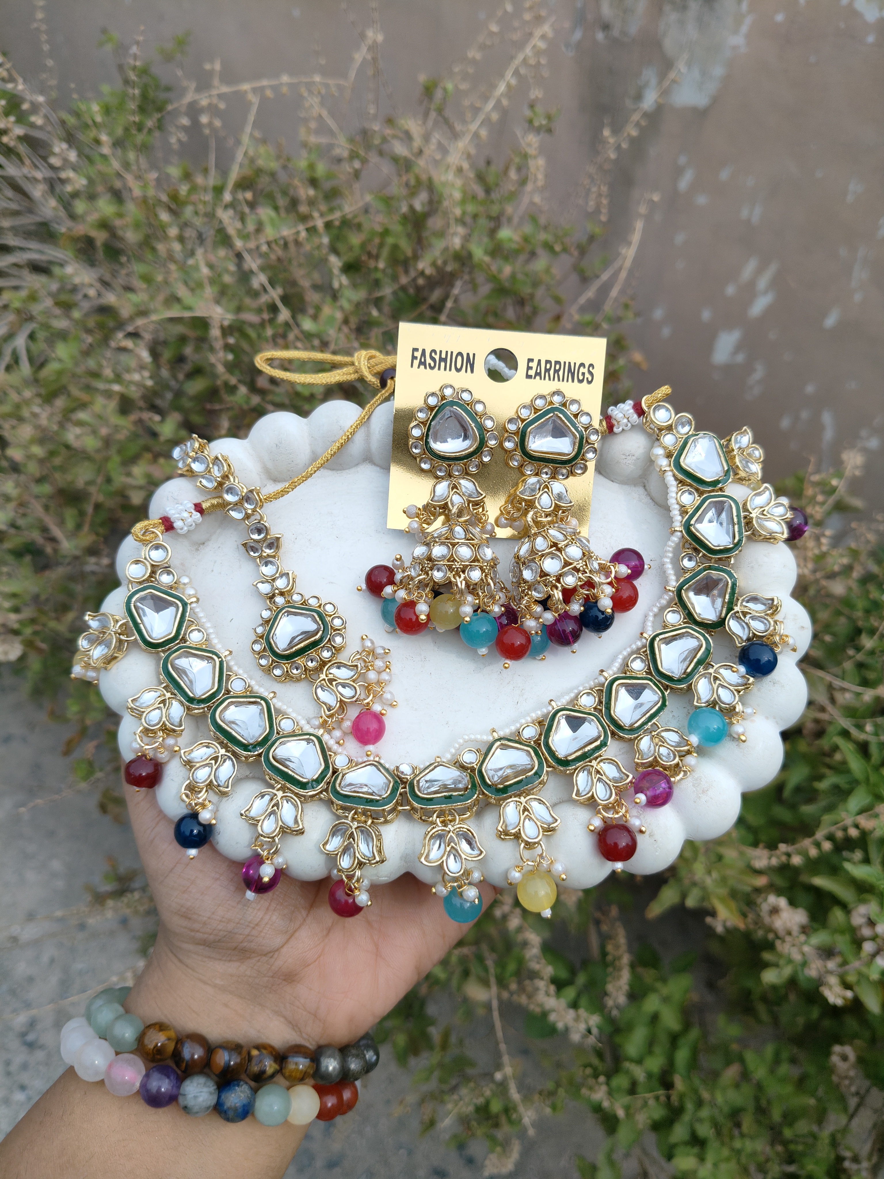 Kundan Leaf Necklace (Multi colour)