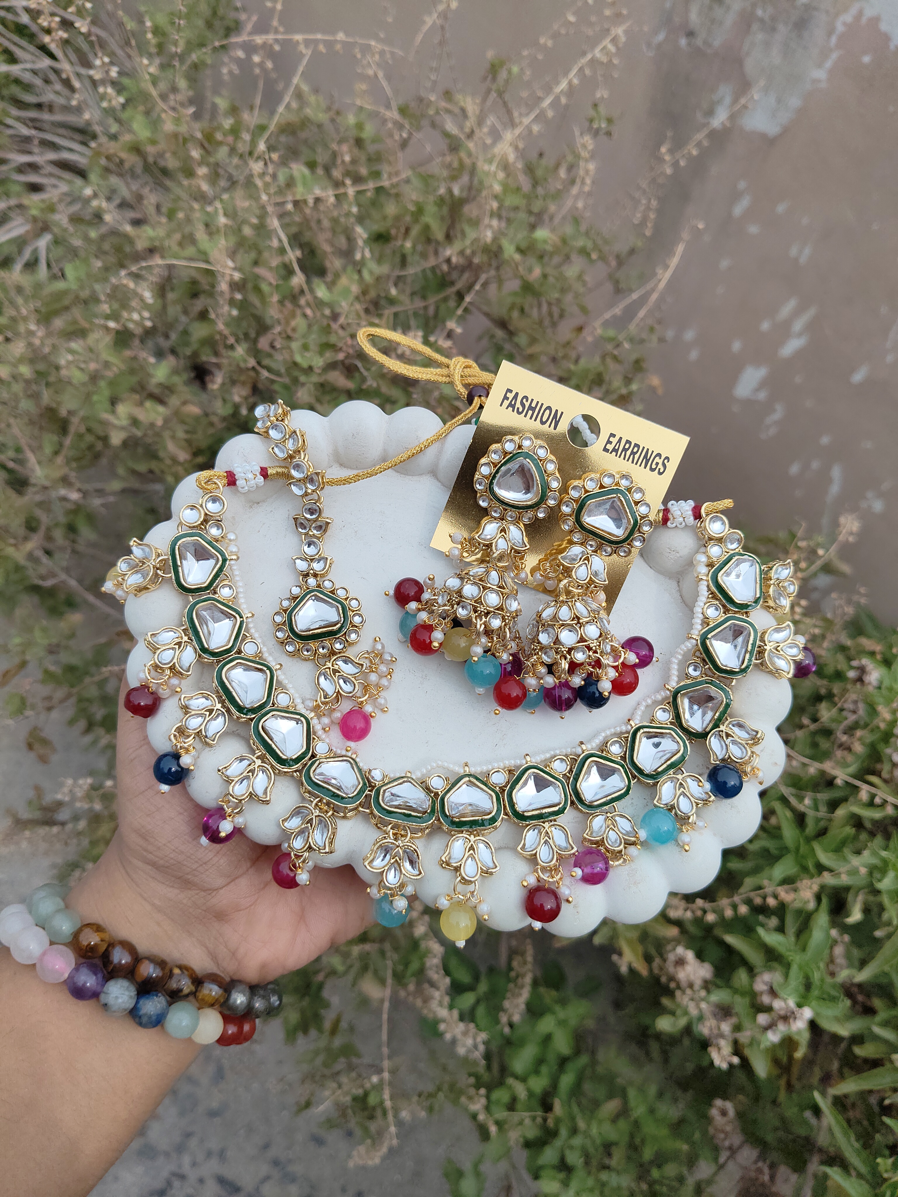 Kundan Leaf Necklace (Multi colour)