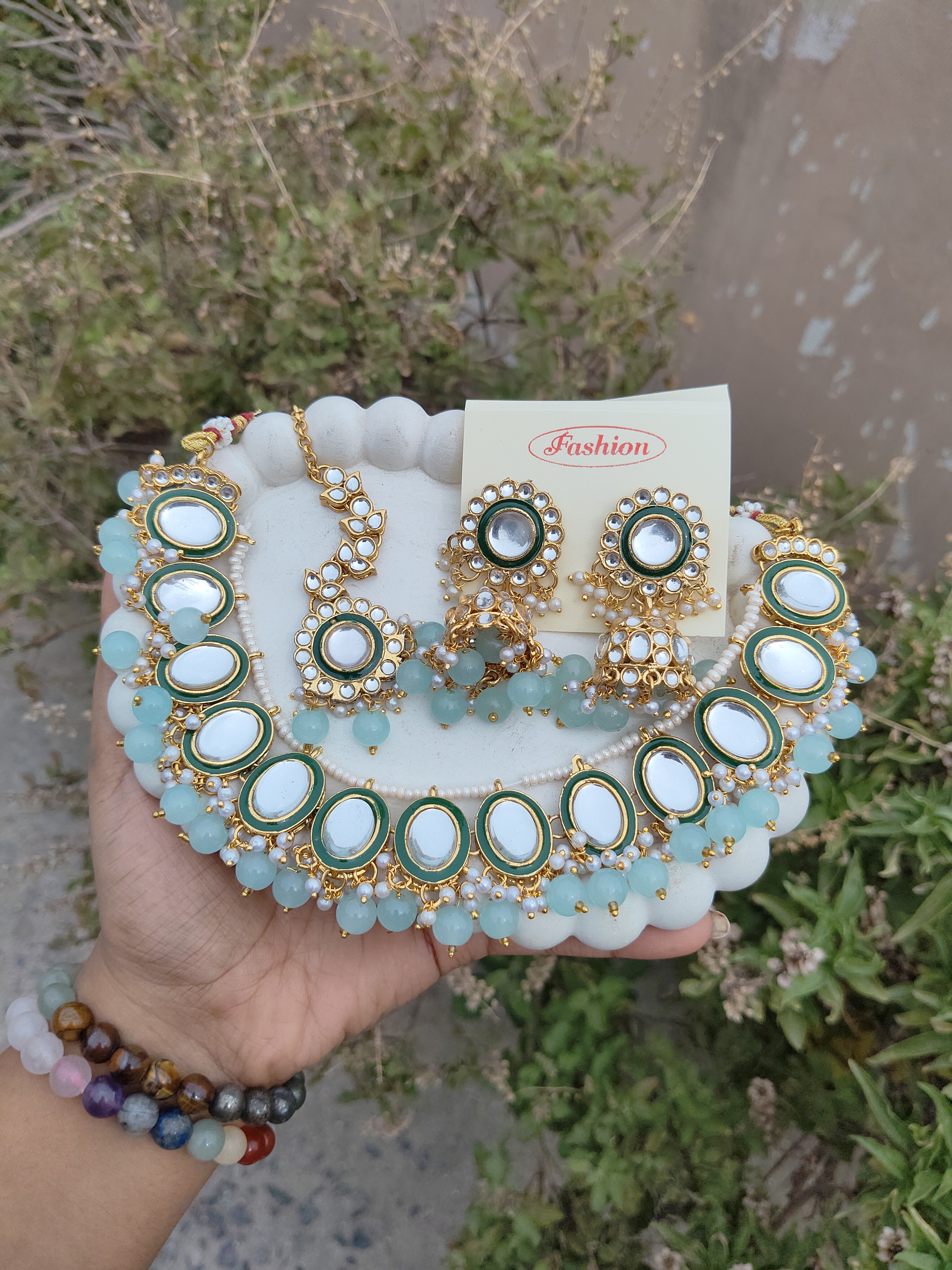 Kundan Round Necklace (Green)