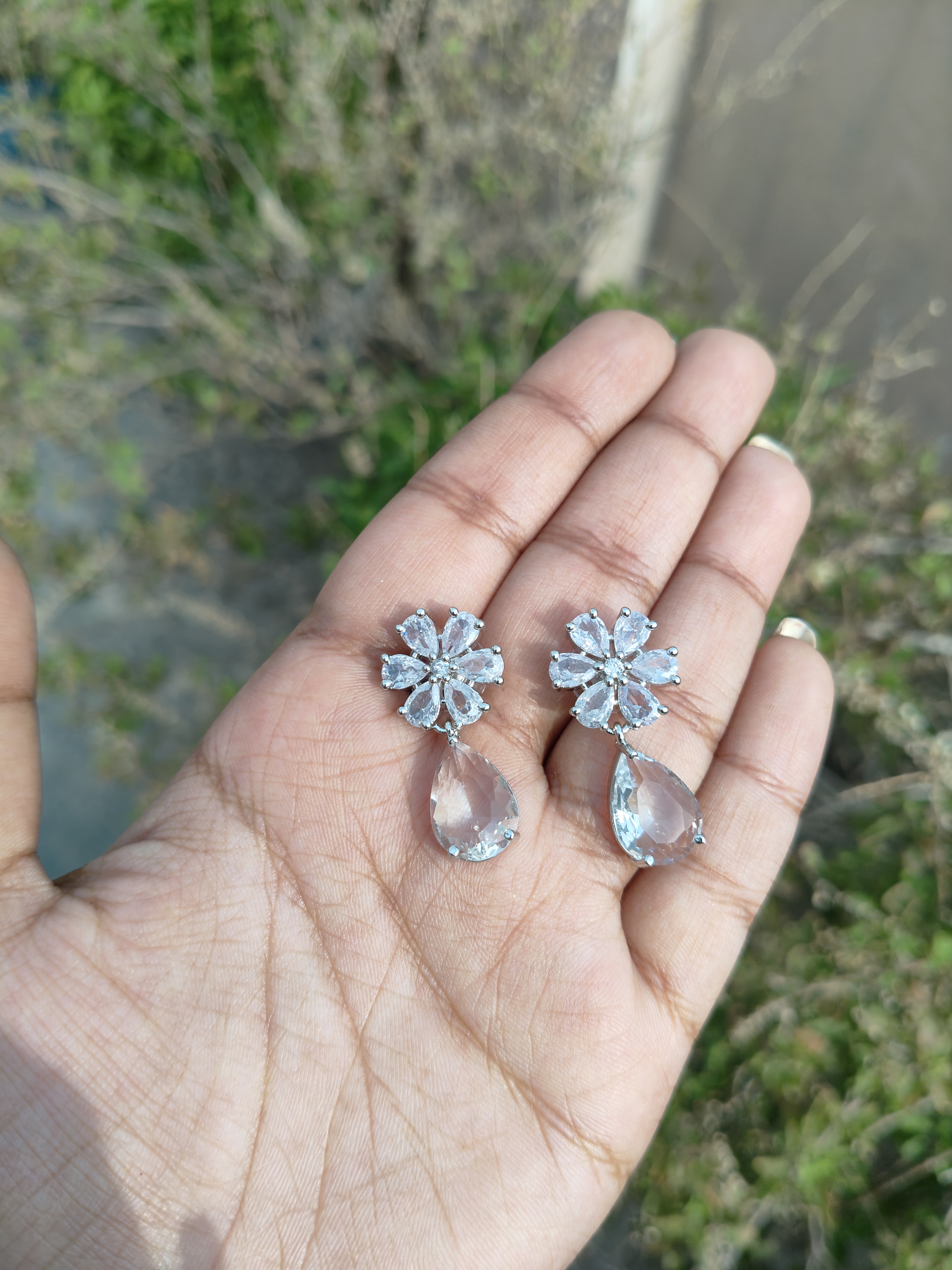 American Diamond Flower Drop Earrings 