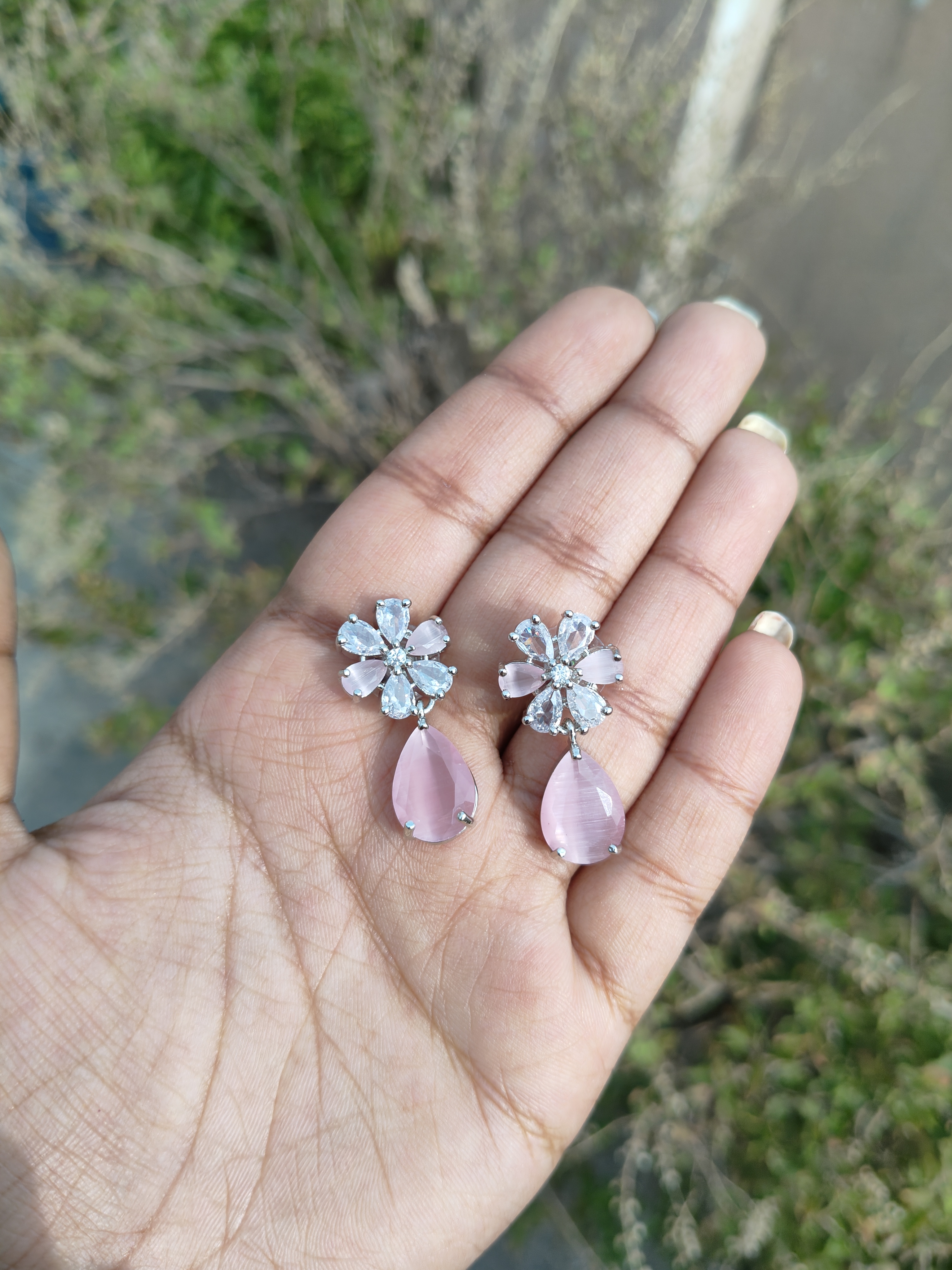 American Diamond Flower Drop Earrings 