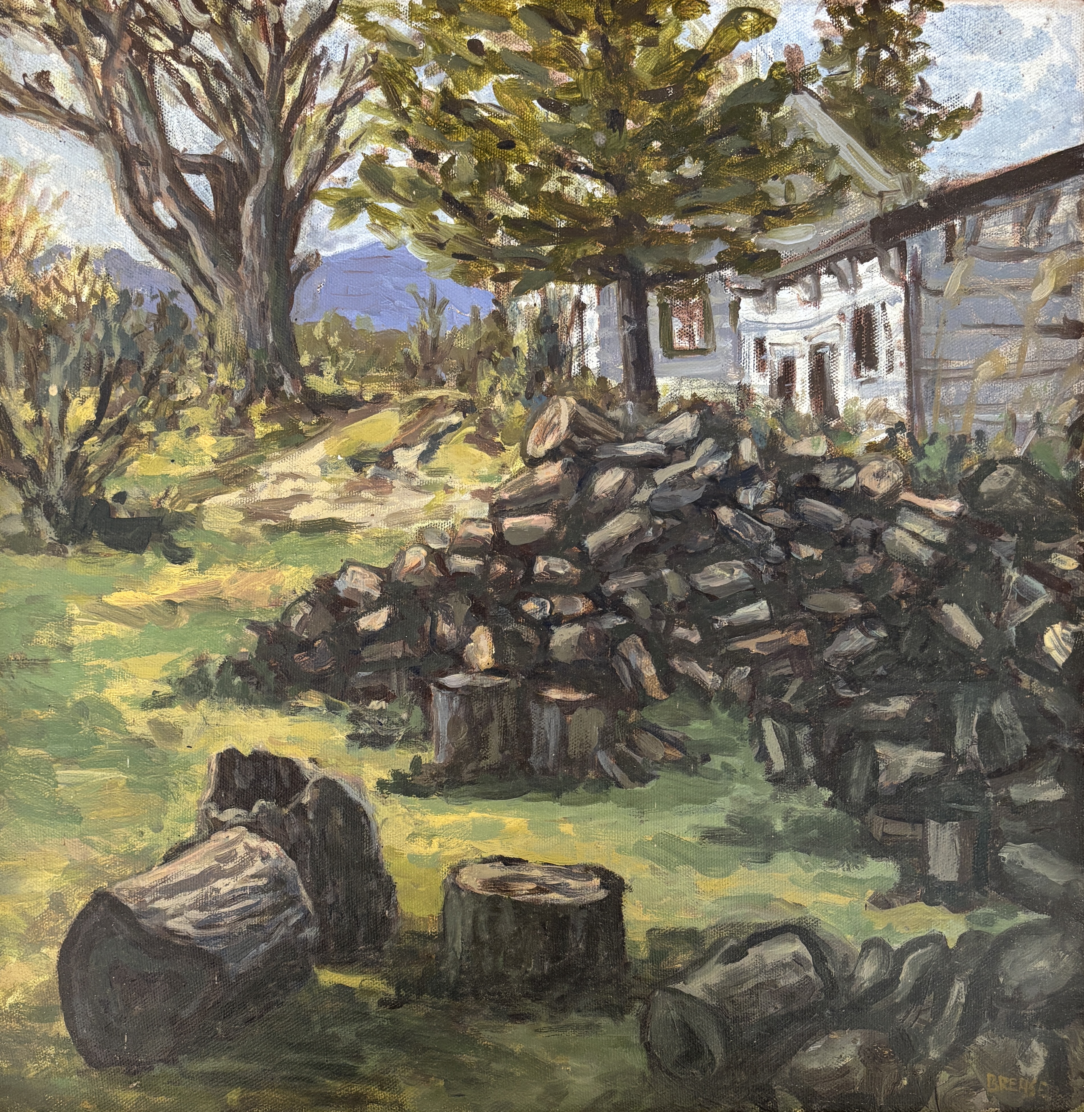 Wood Pile and Barn