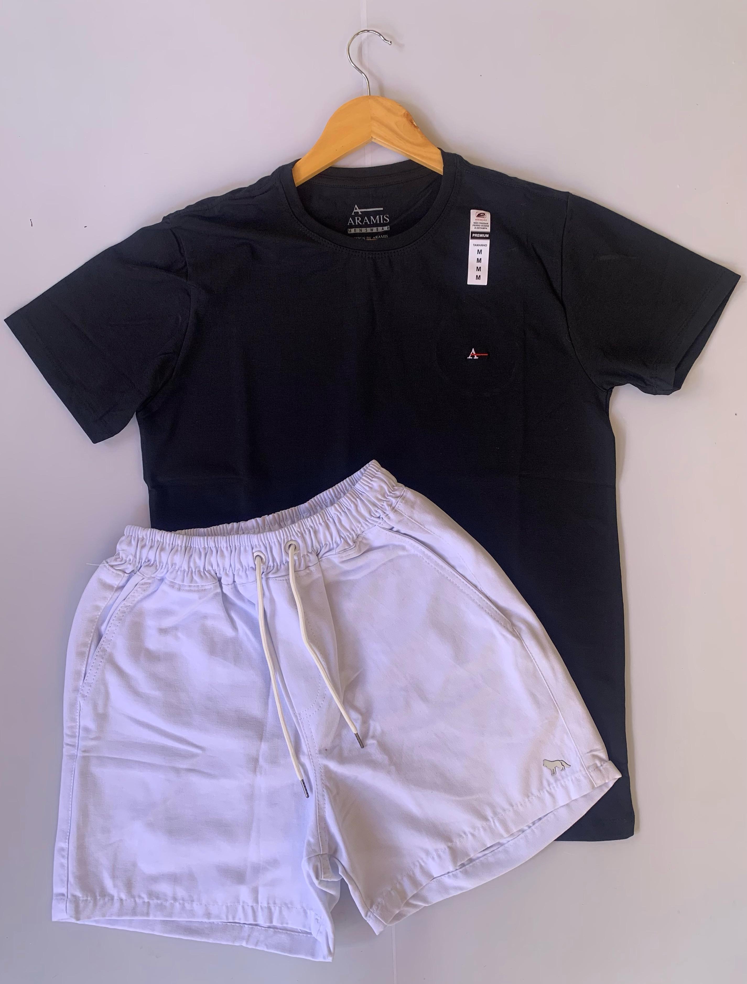 Kit - Short sarja branco - Tamanho: M + Camisa básica preta - Tamanho: M