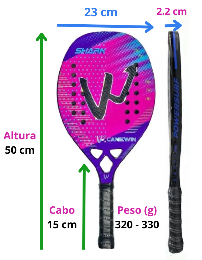 Raquete Tênis Praia Carbono Camewin Shark Rosa Profissional