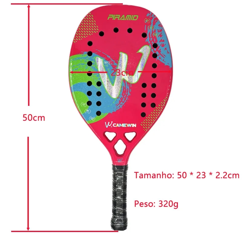 Raquete Tenis Praia Carbono 3K Camewin Profissional Piramid Rosa