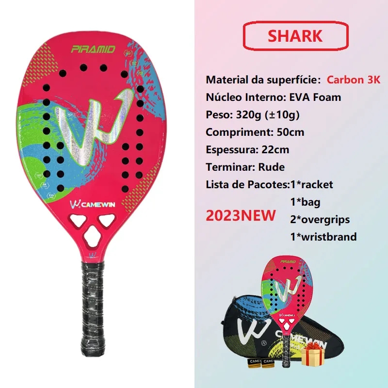 Raquete Tenis Praia Carbono 3K Camewin Profissional Piramid Rosa