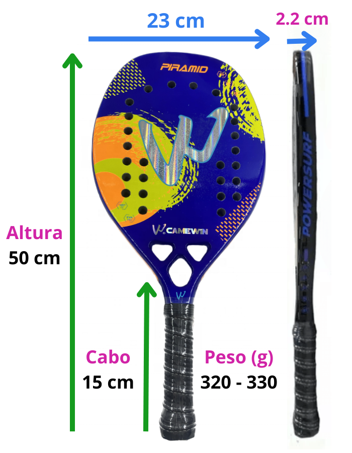 Raquete Tenis Praia Carbono 3K Camewin Profissional Piramid Azul