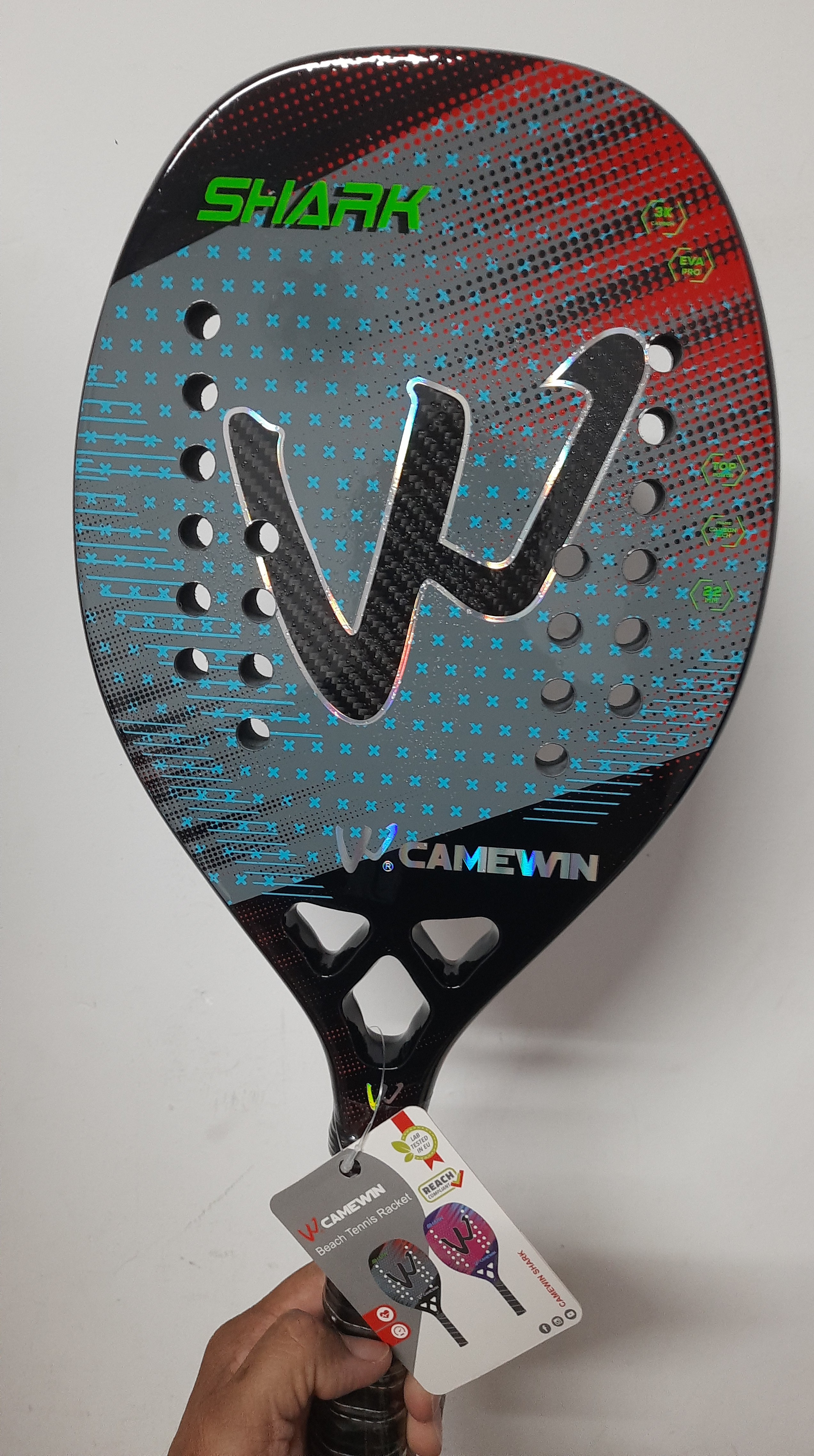 Raquete Tenis Praia Carbono 3K Profissional Camewin Shark Azul 