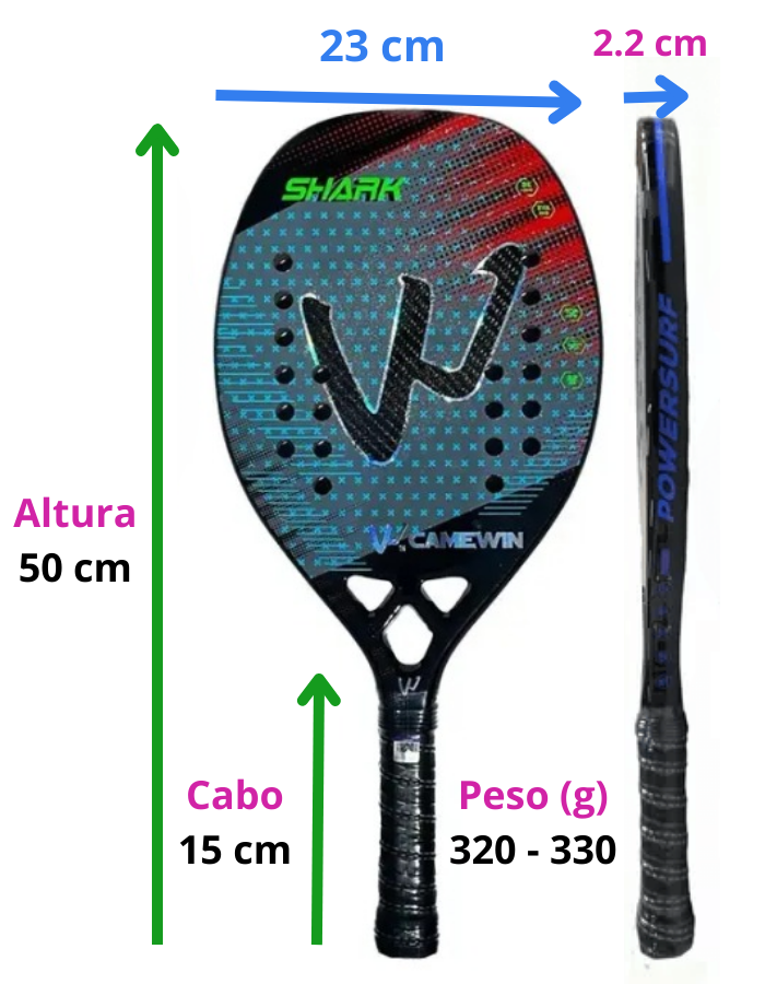 Raquete Tenis Praia Carbono 3K Profissional Camewin Shark Azul 